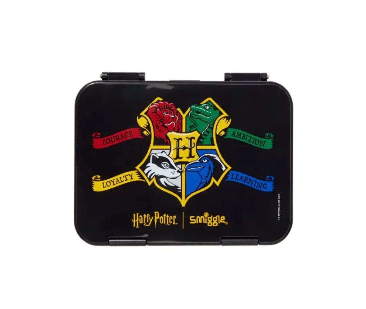 Harry Potter Hogwarts Crest Kids Hard Shell Lunch Box – All Four Houses Crest with Courage, Ambition, Loyalty & Learning Banners, Multi-Section Tiffin with Secure Clip Locks, Boys & Girls Ages 5+, Stealth Black