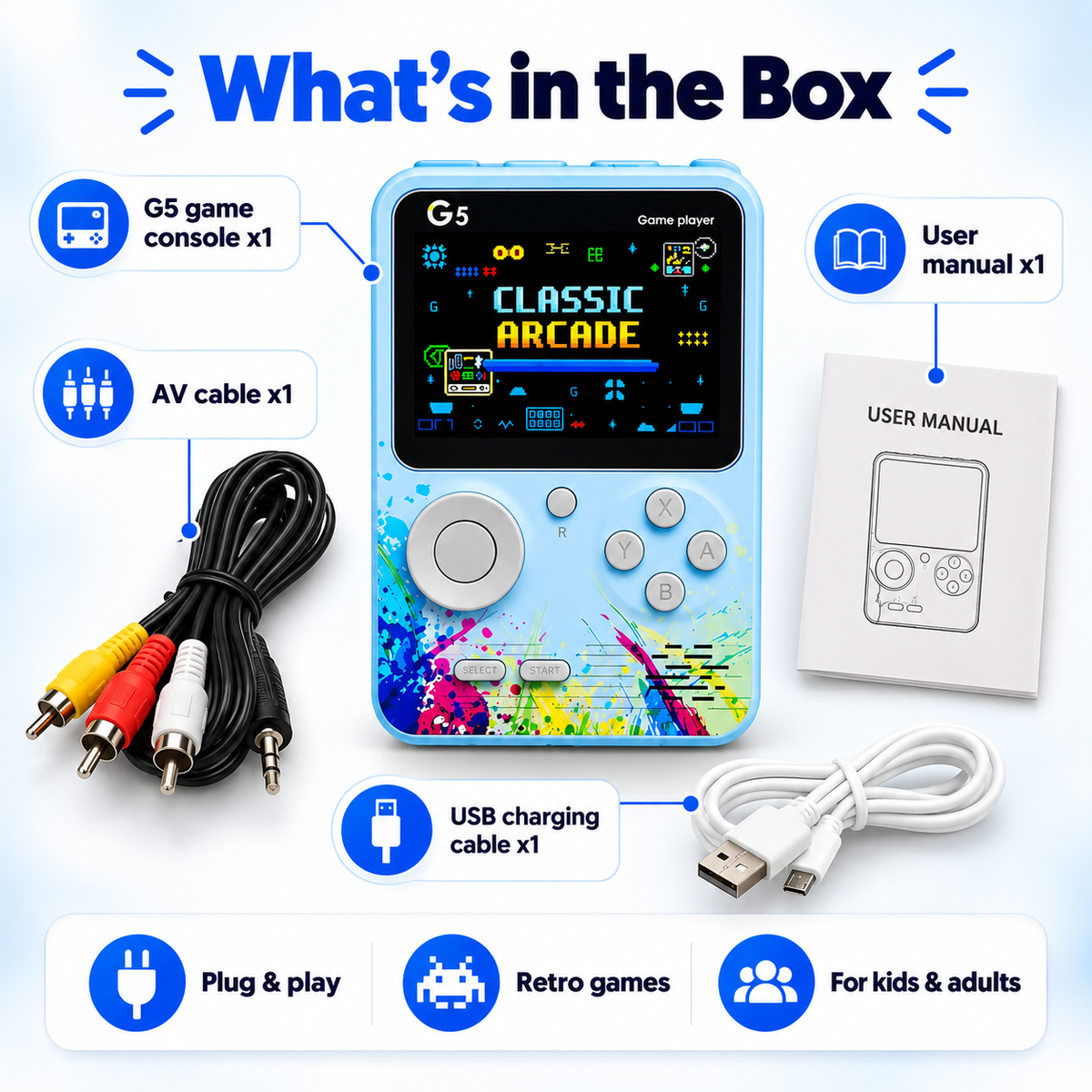 G5 Retro Handheld Game Console for Kids and Adults, 3-inch Colour Screen Portable Video Game Player with Built-in Classic Games, Joystick & ABXY Buttons, Rechargeable, AV TV Output, Gift for Boys & Girls (Blue/Green)