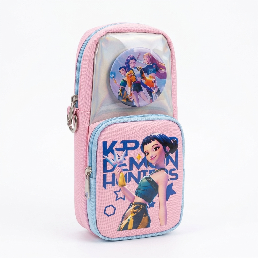 KPop Demon Hunters Holographic Pencil Pouch with 2 Zip Compartments & Pin Badge