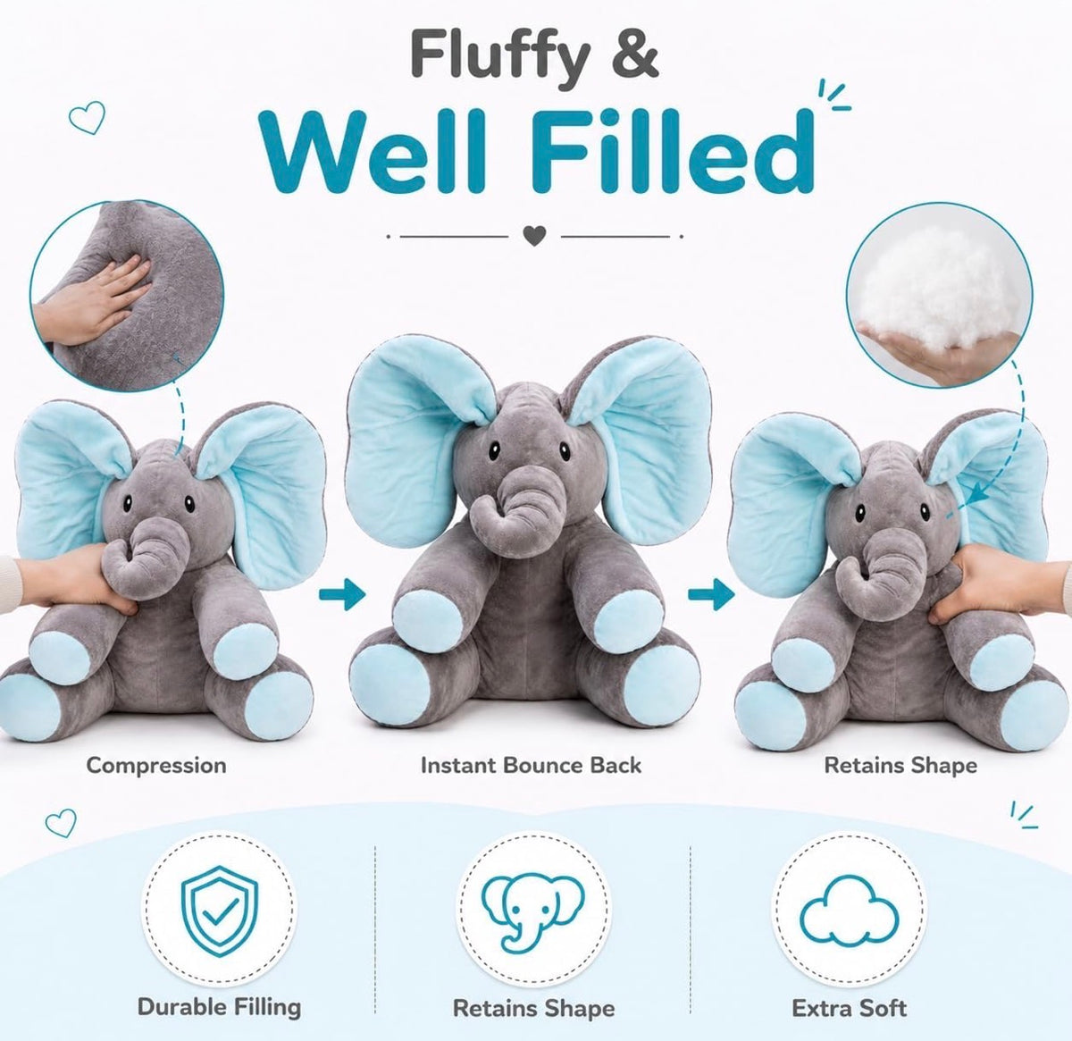 Peek-a-Boo Singing Elephant Plush Toy for Babies – Musical Soft Toy with Moving Ears, Records Your Voice, Sings Songs & Plays Peek-a-Boo | Interactive Stuffed Animal for Toddlers | Baby Gift (Grey-Blue / Grey-Pink)