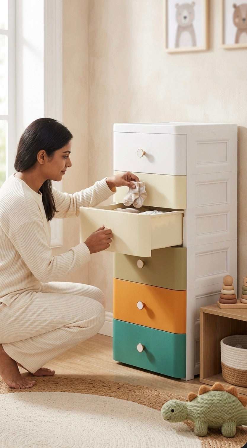 Kuddlenest - 5 Drawer Kids Storage Cabinet – Multicolour Plastic Chest of Drawers for Children’s Room | Stackable Organiser for Toys, Clothes & Stationery | Gold Knobs | Easy Assembly | Home & Nursery Storage