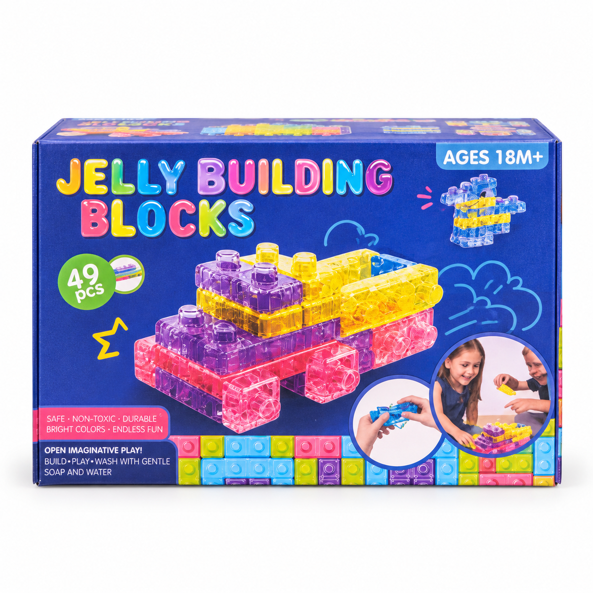 Jelly Building Blocks for Toddlers, 49 Pcs Translucent Stacking Blocks Set, Colourful Sensory Learning Toy, Washable Building Toy for Boys & Girls Ages 18 Months+