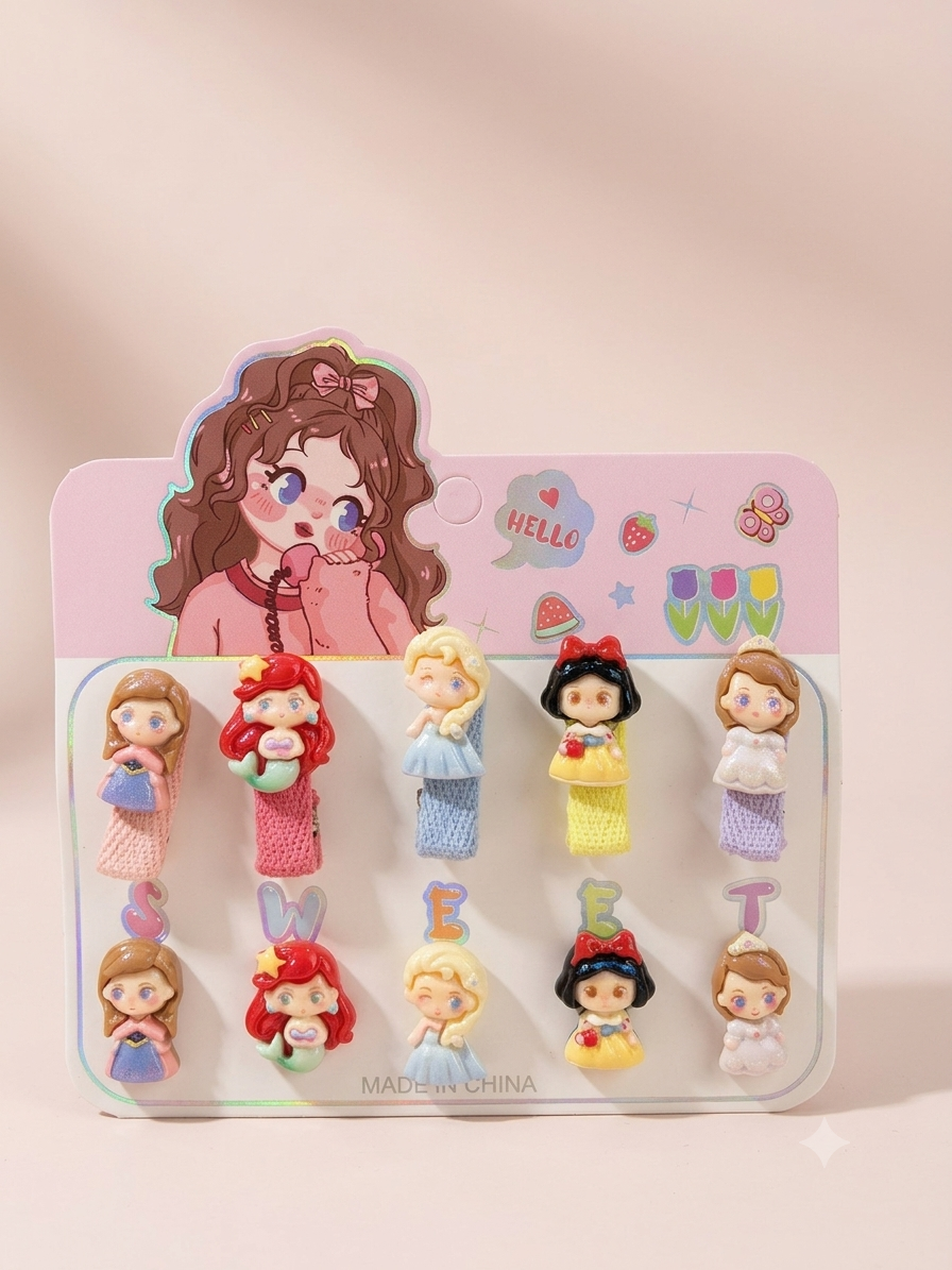 3D Fairy Tale Princess Hair Ties & Clips Set for Girls – 10 Piece Cute Doll Character Elastic Hair Band & Snap Clip Combo | Mermaid, Ice Princess & More | Kids Hair Accessories Age 3+ | Birthday Gift