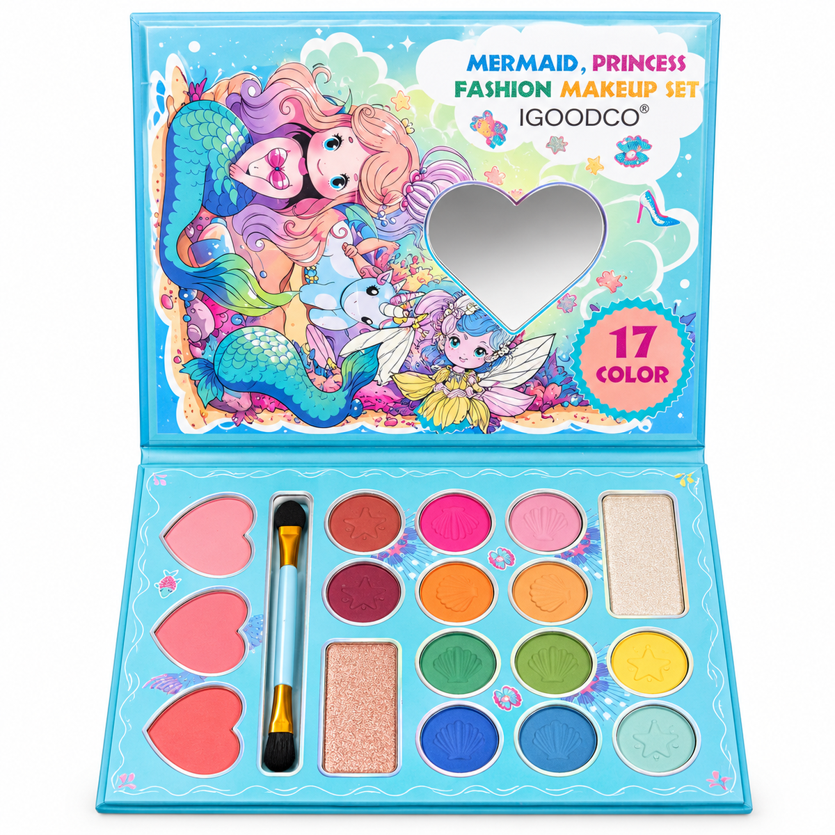 Mermaid Makeup Palette for Girls – 17 Colour Kids Makeup Set with 12 Eyeshadows, 2 Shimmer Highlighters & 3 Heart Blushes | Mermaid Princess Beauty Kit with Heart Mirror & Applicator | Gift for Girls