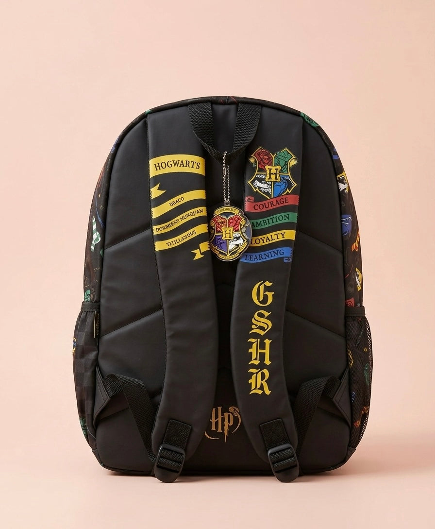 Harry Potter Hogwarts Smiggle Kids School Backpack – Raised 3D Crest Badge, Gold Foil Wizarding World All-Over Print & Gold Hardware, Multi-Compartment Bag Boys & Girls Ages 5+, Stealth Black/Gold
