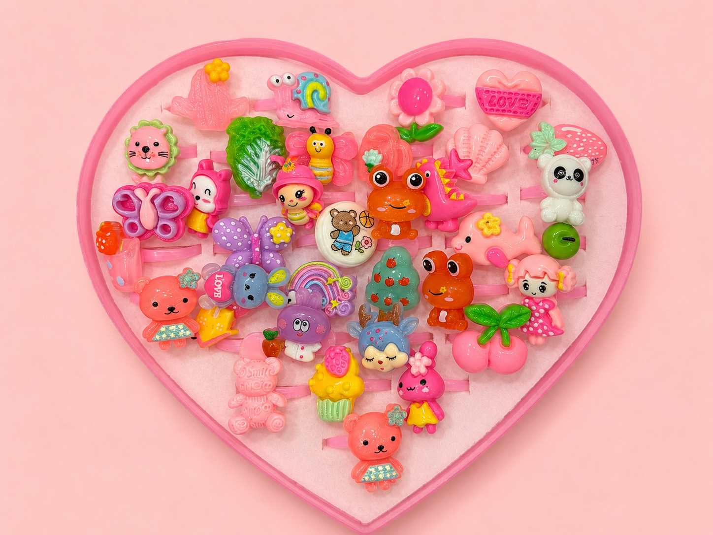 Kids Cartoon Rings Set – 36 Cute 3D Character Rings in Pink Heart Display Box | Adjustable Resin Rings for Girls | Animals, Flowers & More | Kids Jewellery Age 3+ | Birthday & Return Gift