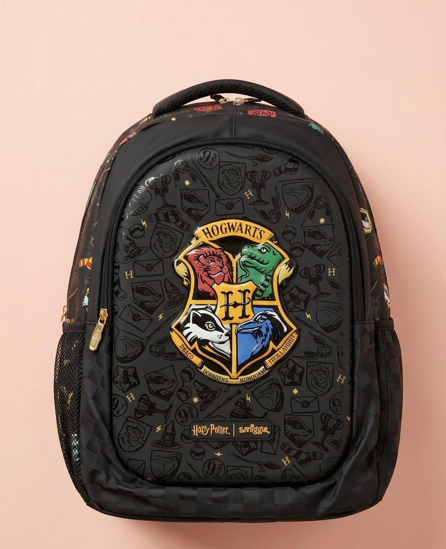 Harry Potter Hogwarts Smiggle Kids School Backpack – Raised 3D Crest Badge, Gold Foil Wizarding World All-Over Print & Gold Hardware, Multi-Compartment Bag Boys & Girls Ages 5+, Stealth Black/Gold
