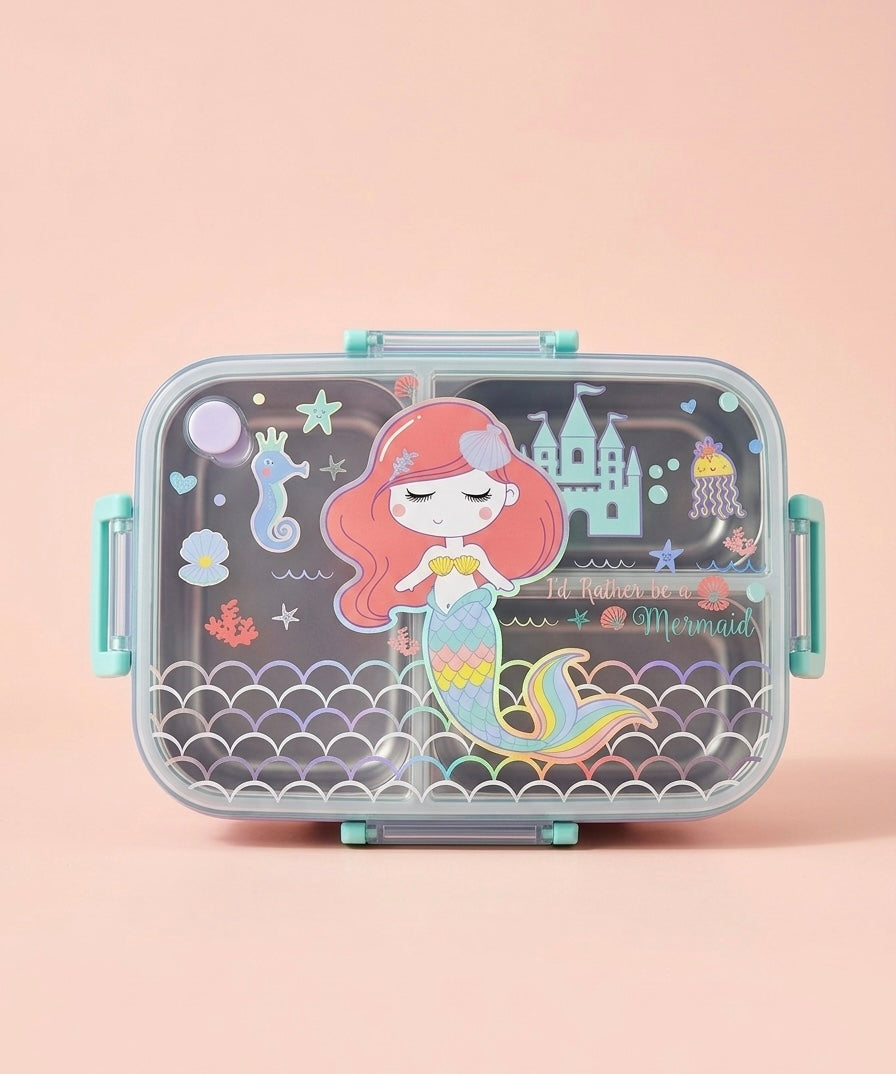 “I’d Rather Be a Mermaid” Kids Stainless Steel Lunch Box – Transparent Lid with Mermaid & Underwater Kingdom Print, Multi-Section Tiffin with Leak-Proof Clips & Built-In Sauce Cup, Girls Ages 3+, Mint Blue/Grey