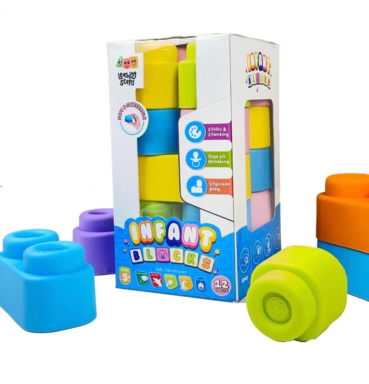 Learning Steps Infant Blocks – Soft & Squeezable Building Blocks for Babies, Safe for Mouthing, Stacking Toy for Colours & Counting | Baby's First Building Blocks | Age 5 Months+ (12 / 18 / 27 / 36 Blocks)
