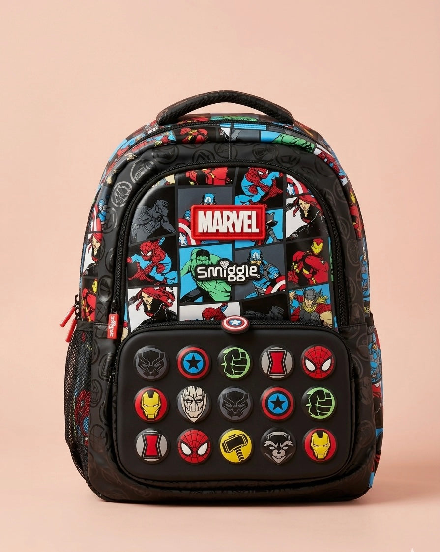 Marvel Avengers Kids School Backpack – 3D Hero Badge Panel, Comic Strip All-Over Print & Rubber Marvel Logo, Multi-Compartment Bag for Boys Ages 5+, Black/Multi