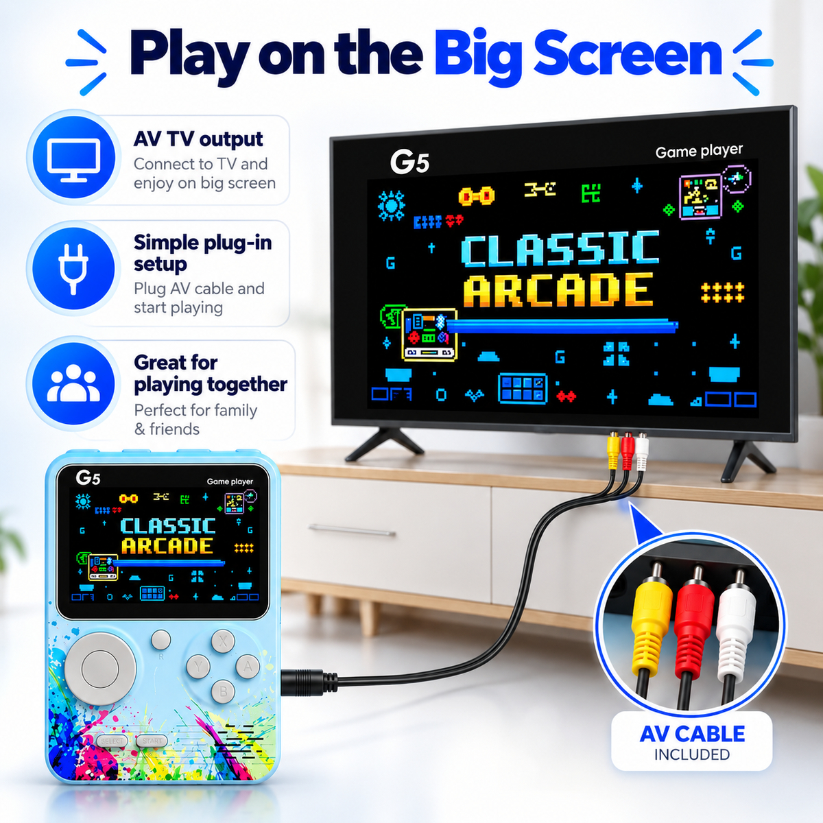 G5 Retro Handheld Game Console for Kids and Adults, 3-inch Colour Screen Portable Video Game Player with Built-in Classic Games, Joystick & ABXY Buttons, Rechargeable, AV TV Output, Gift for Boys & Girls (Blue/Green)