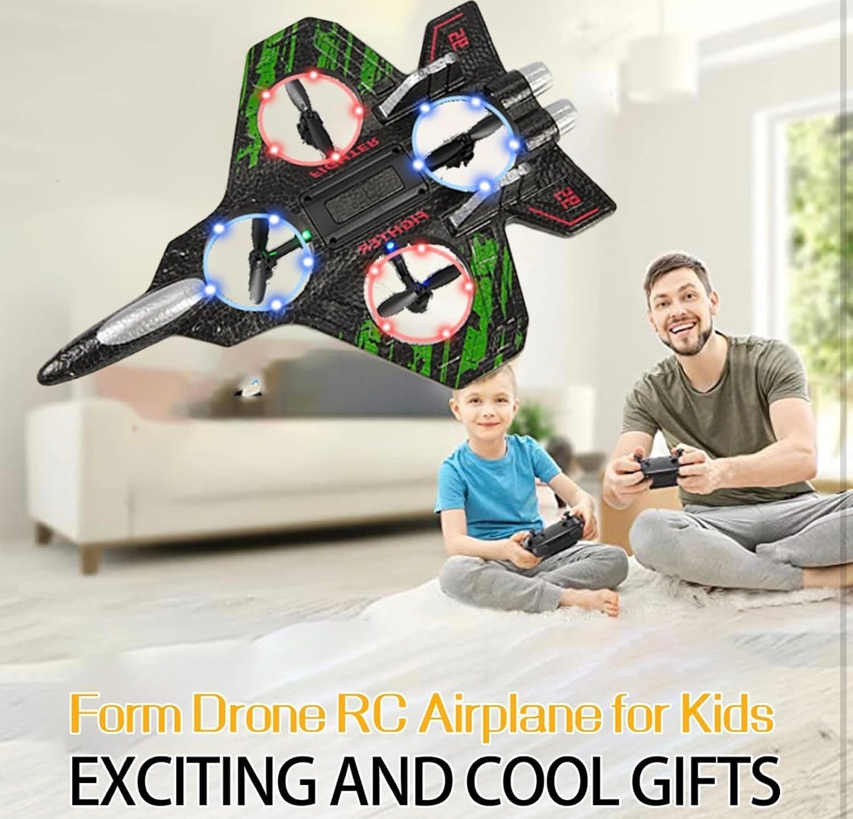 RC Fighter Jet Drone for Kids – VTOL Remote Control Airplane with 4 Propellers & Colourful LED Lights | Indoor & Outdoor Flying Toy | Easy to Fly | Boys & Girls Age 8+ | Birthday Gift
