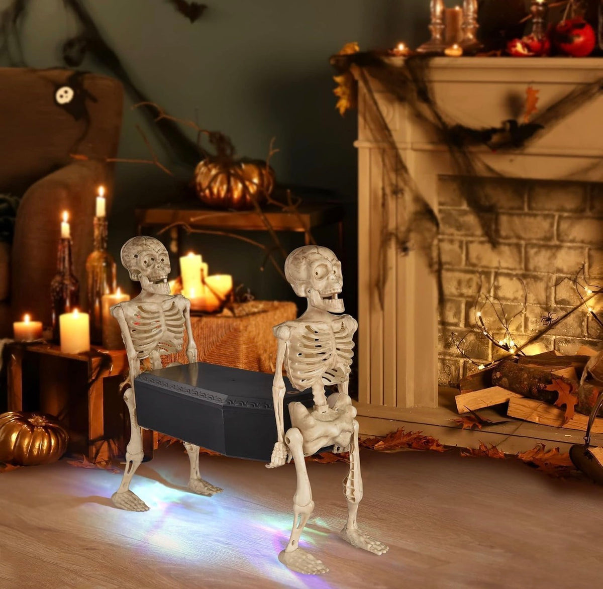 Halloween Animated Skeleton Pallbearers Carrying Coffin – Walking Skeleton Duo with Colourful LED Lights & Spooky Sounds | Halloween Haunted House Decoration, Party Prop & Floor Decor