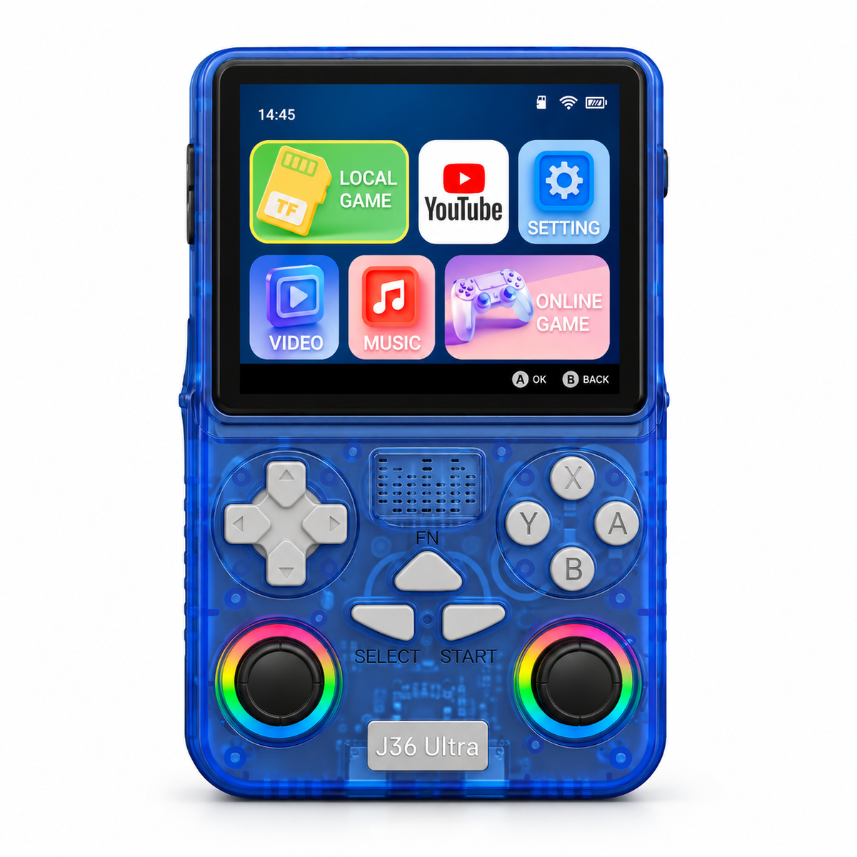 J36 Ultra Handheld Game Console – [X]-inch IPS Screen, Wi-Fi & Bluetooth, Dual Joysticks with RGB Lighting, [XXXX]mAh Rechargeable Battery, Portable Retro-Style Gaming Device – Transparent Purple