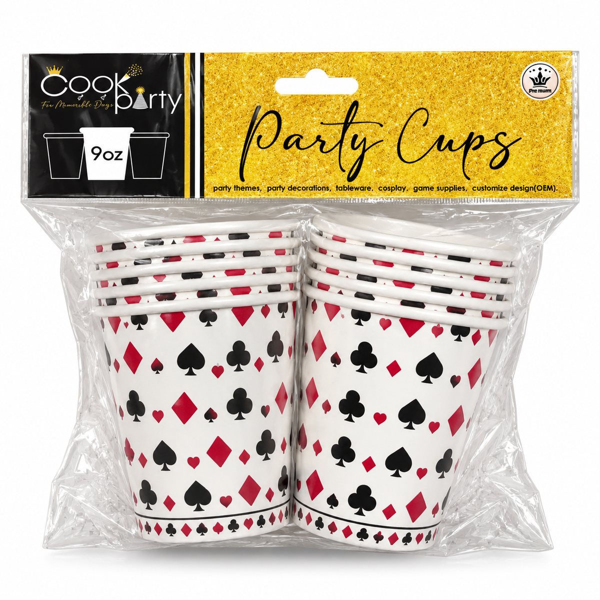 Playing Card Theme 10 Paper Cups, 9 oz Disposable Party Glasses with Card Suits Print