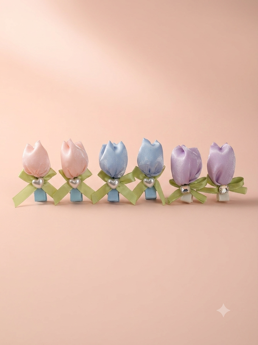 Satin Tulip Flower Hair Clips for Girls – Handcrafted Ribbon Bow Base with Pearl Heart Charm | Set of 2 | Pastel Pink, Blue & Purple | Kids & Teen Hair Accessories | Festive, Party & Birthday Gift