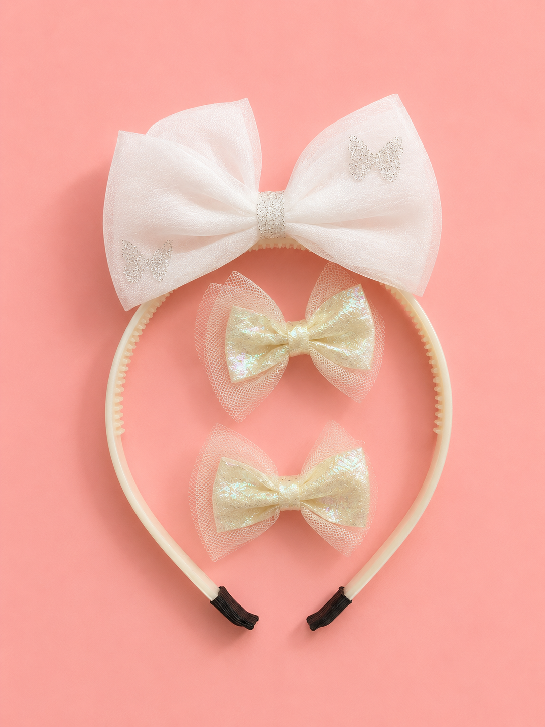 Tulle Bow Headband & Hair Clip Set for Girls – Big Bow Alice Band with 2 Matching Bow Clips | 4 Pastel Colours | Glitter Tulle | Kids Hair Accessories for Toddlers & Girls Age 3+ | Birthday & Party Gift