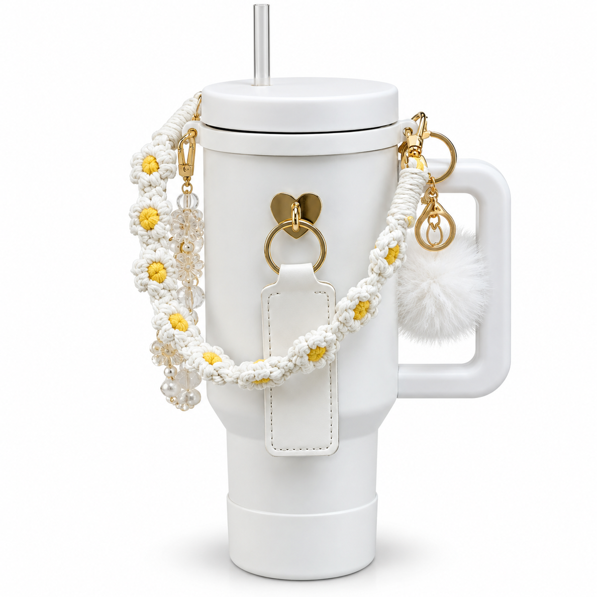 Tumbler Charm Accessories with Handle, Daisy Flower Macrame Strap, Pom Pom Charm & Heart Keychain, Cute Tumbler Decoration for 40oz Tumblers with Handle, Gift for Women & Girls (White/Blue/Pink/Black)