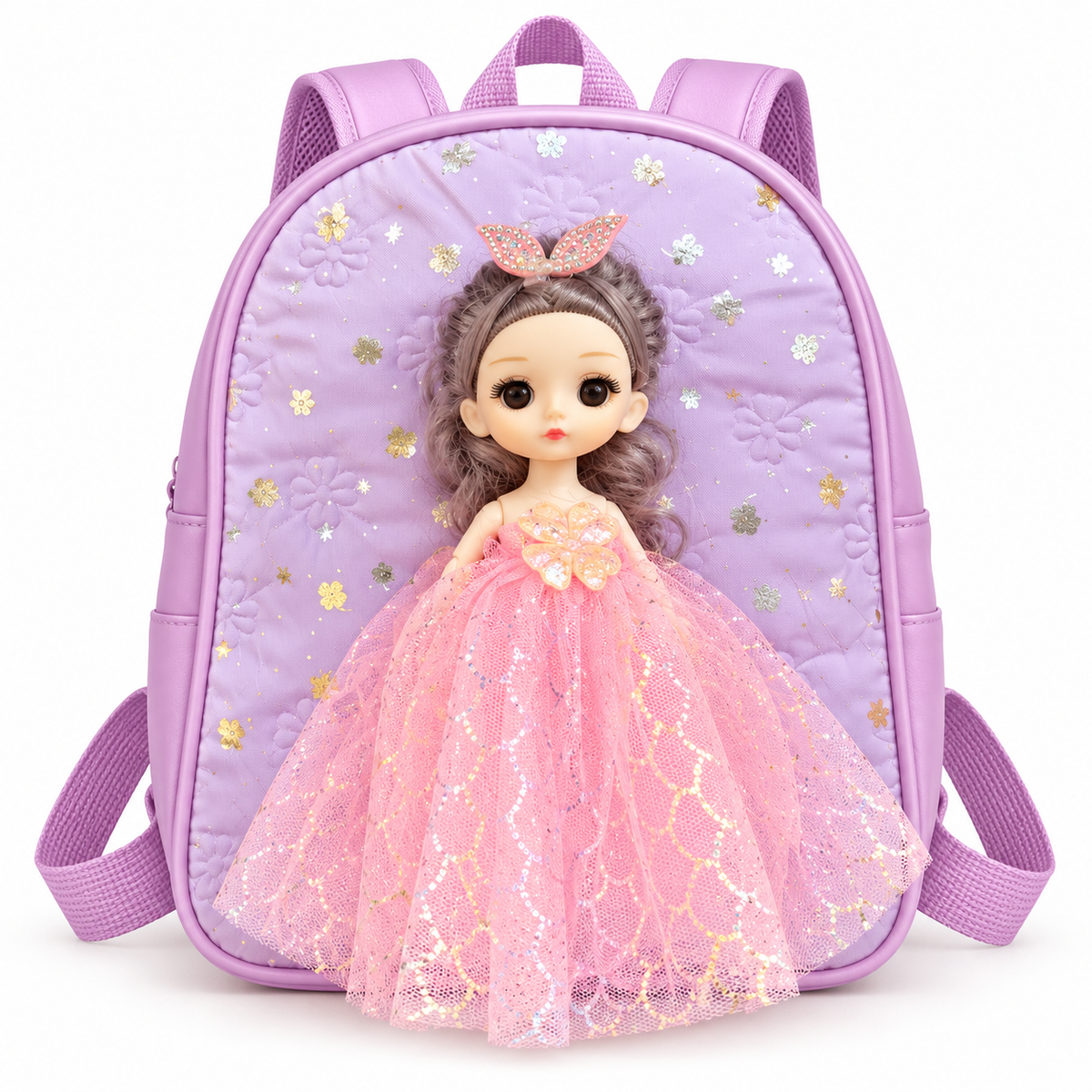 Purple princess doll school bag with 3D doll and flowers