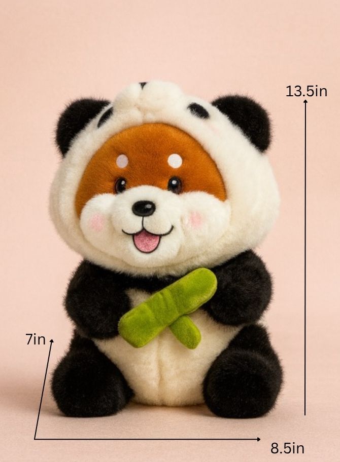 Plush toy panda with measurements on a pink background