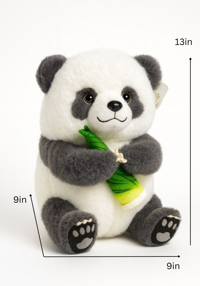 Plush panda toy holding bamboo with measurements on a white background