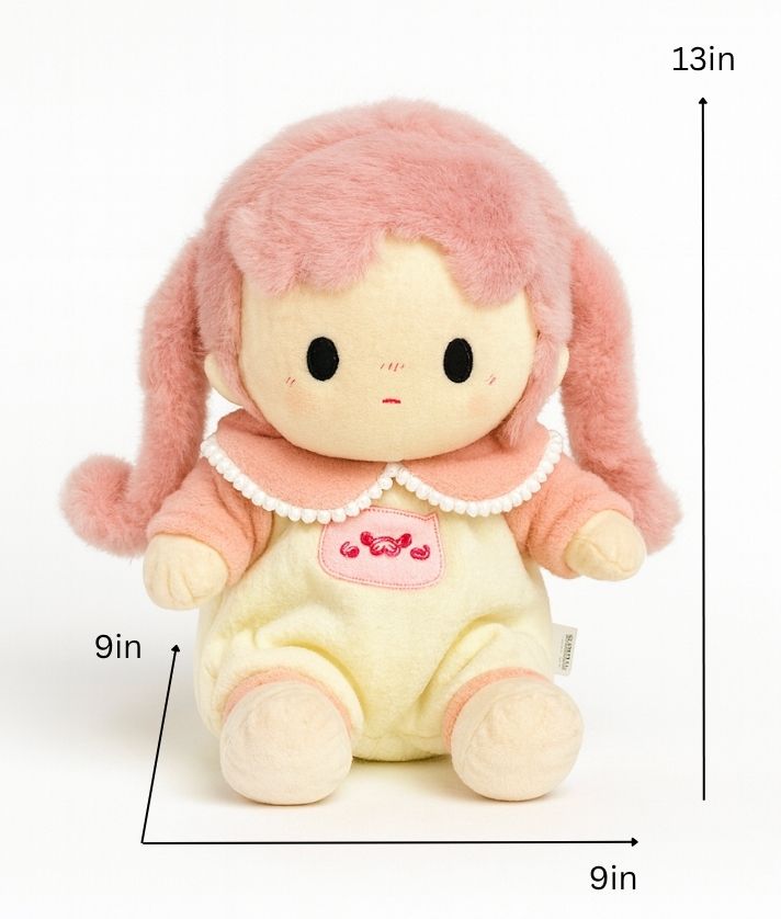 Plush toy with pink hair and a white outfit, shown with dimensions on a white background