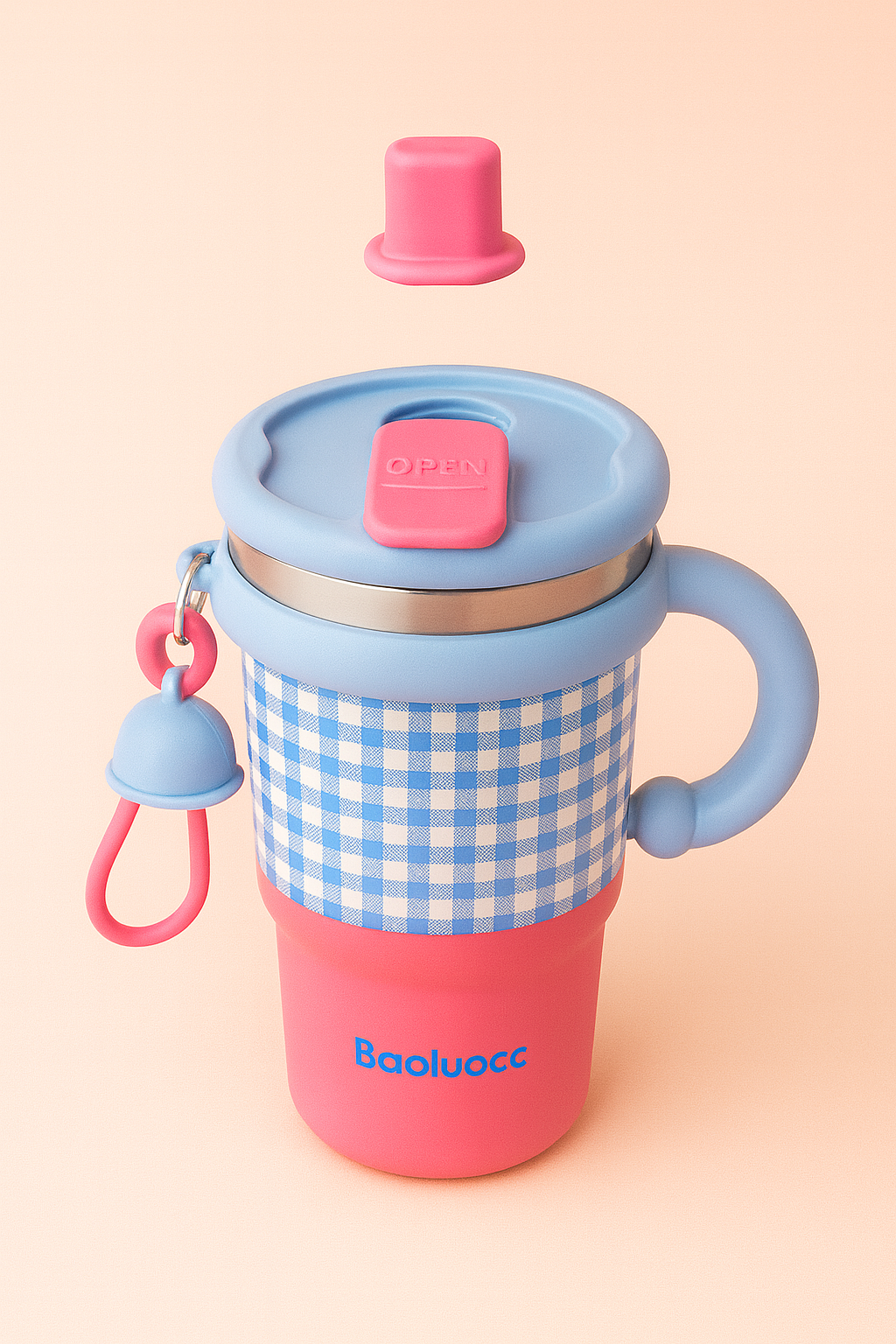 Baoluocc Kids Sipper Bottle with Handle | Cute Gingham Design, Spill-Proof Lid, Straw Spout & Bell Charm | Insulated, BPA-Free Water Bottle for School & Travel