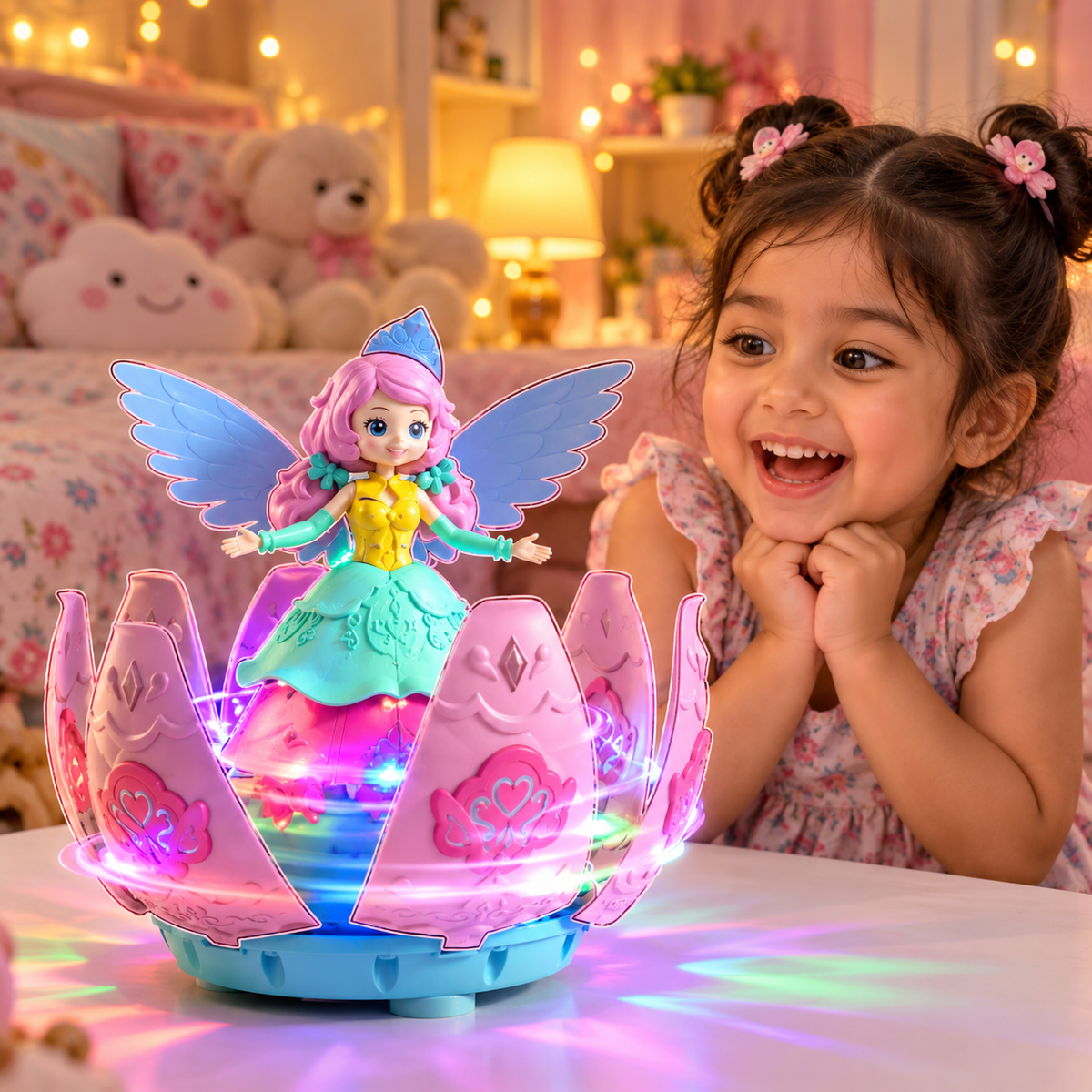 Dancing Princess Toy for Girls – Rotating Fairy Doll with Blooming Flower Skirt, Colourful LED Lights & Music | Musical Spinning Angel Toy with Wings | Birthday Gift for Girls 3+ Years