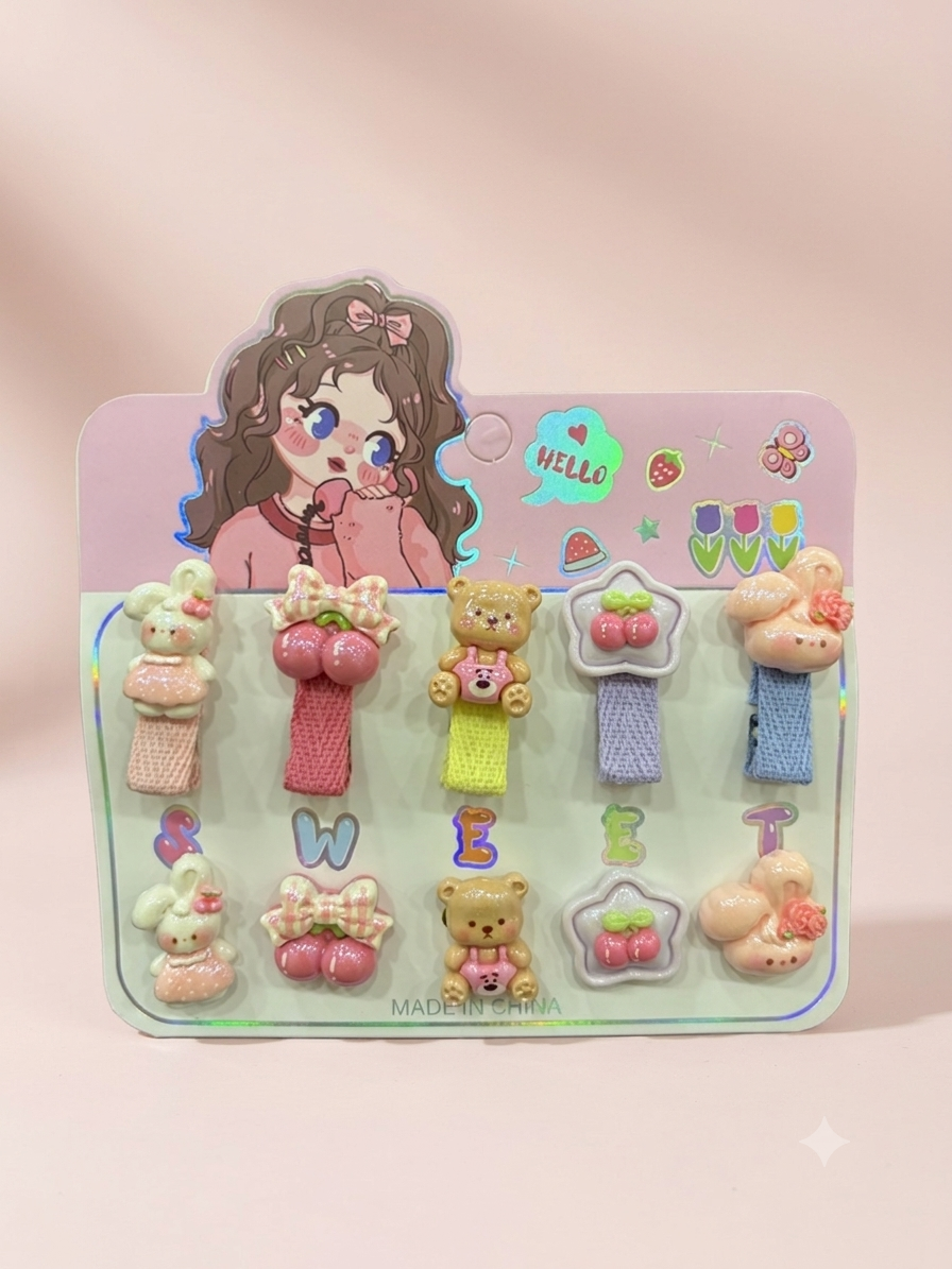 3D Cute Charm Hair Ties & Clips Set for Girls – 10 Piece Kawaii Bear, Bunny & Cherry Elastic Hair Band & Snap Clip Combo | Soft Pastel Colours | Kids Hair Accessories for Toddlers Age 3+ | Birthday Gift