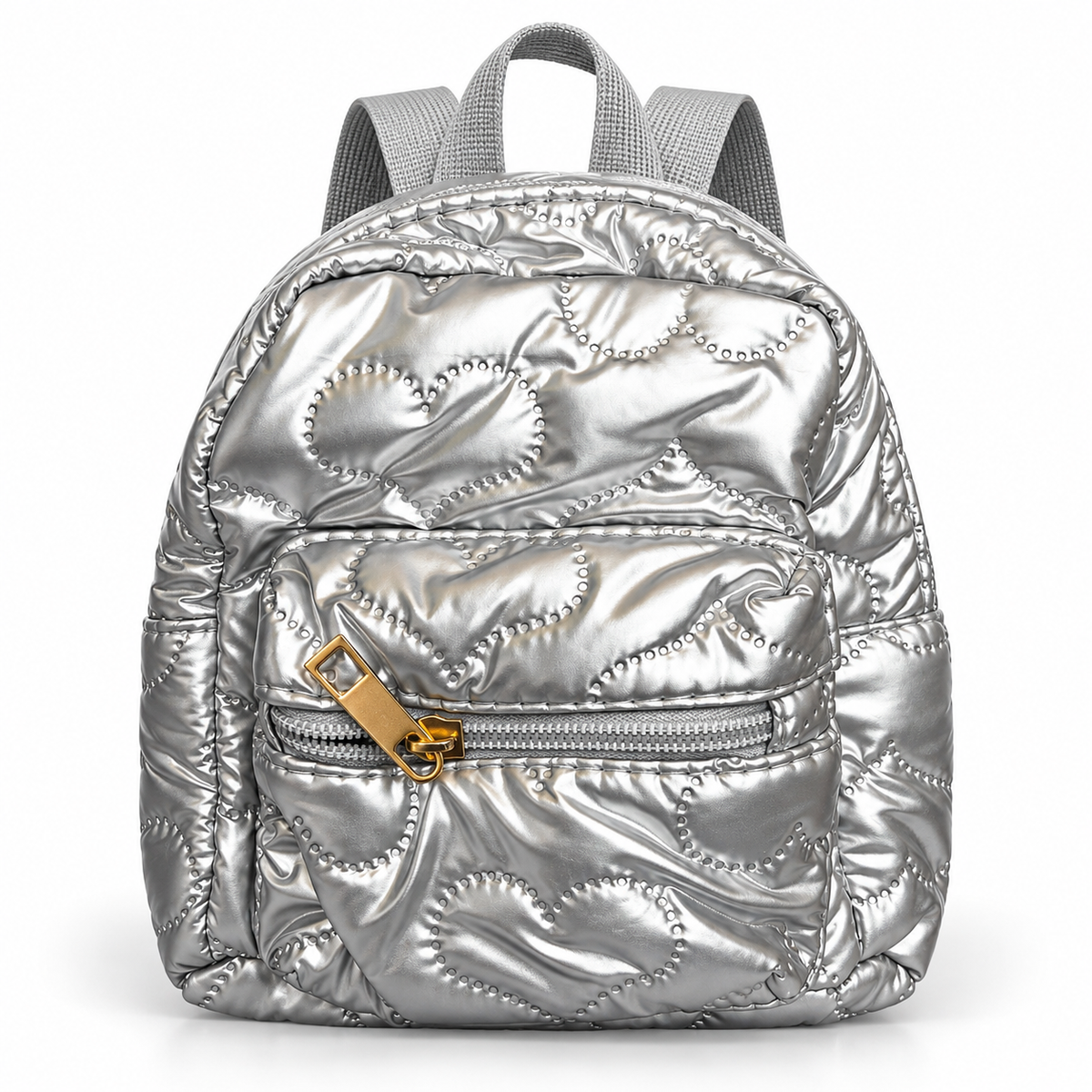 Mini Backpack for Girls, Metallic Quilted Heart Puffer Backpack, Small Kids Travel Bag with Front Zip Pocket, Cute Toddler Backpack for School, Playschool & Outings (Purple/Pink/Rose/Silver)