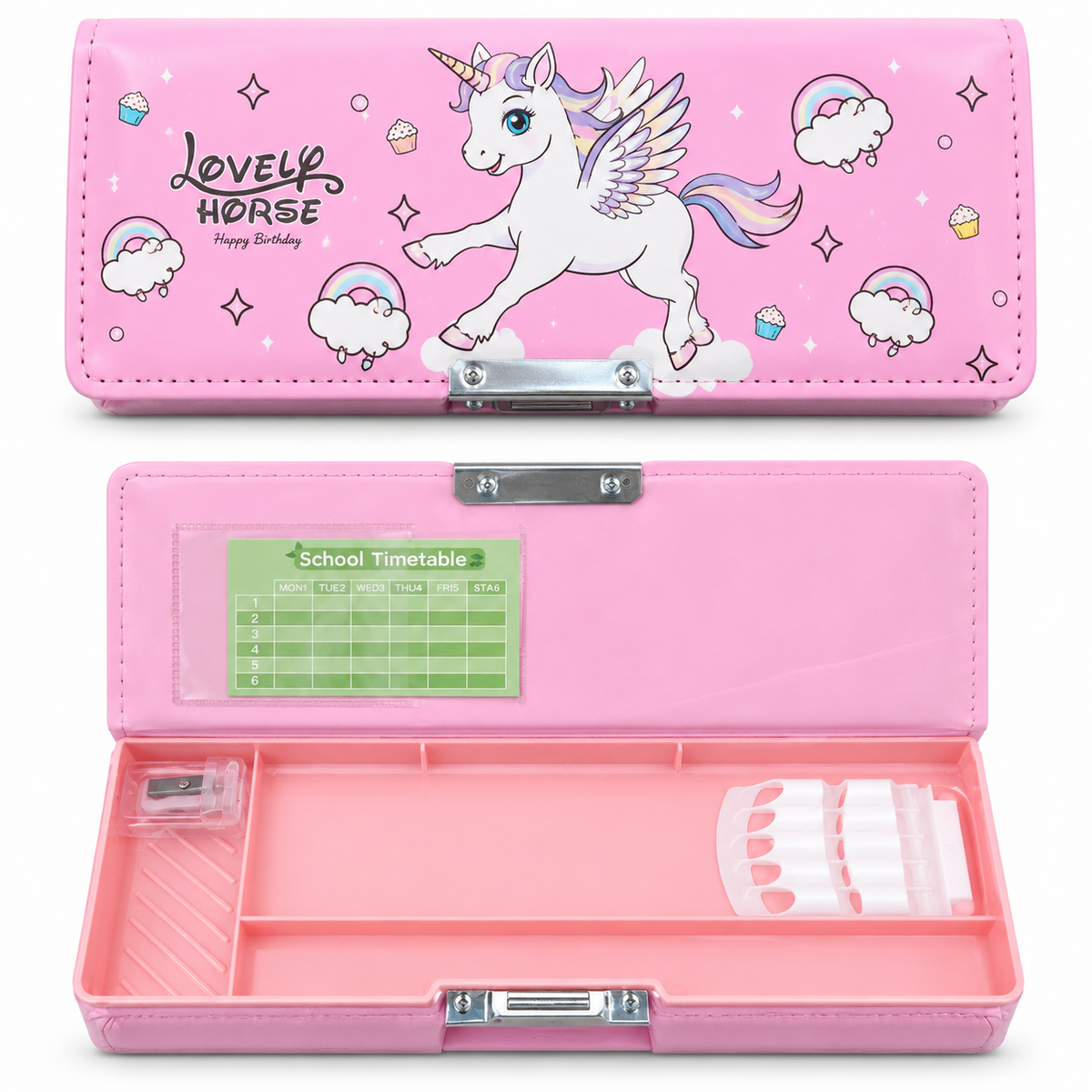 Pencil Box for Girls, Double-Sided Pencil Case with Sharpener & Timetable
