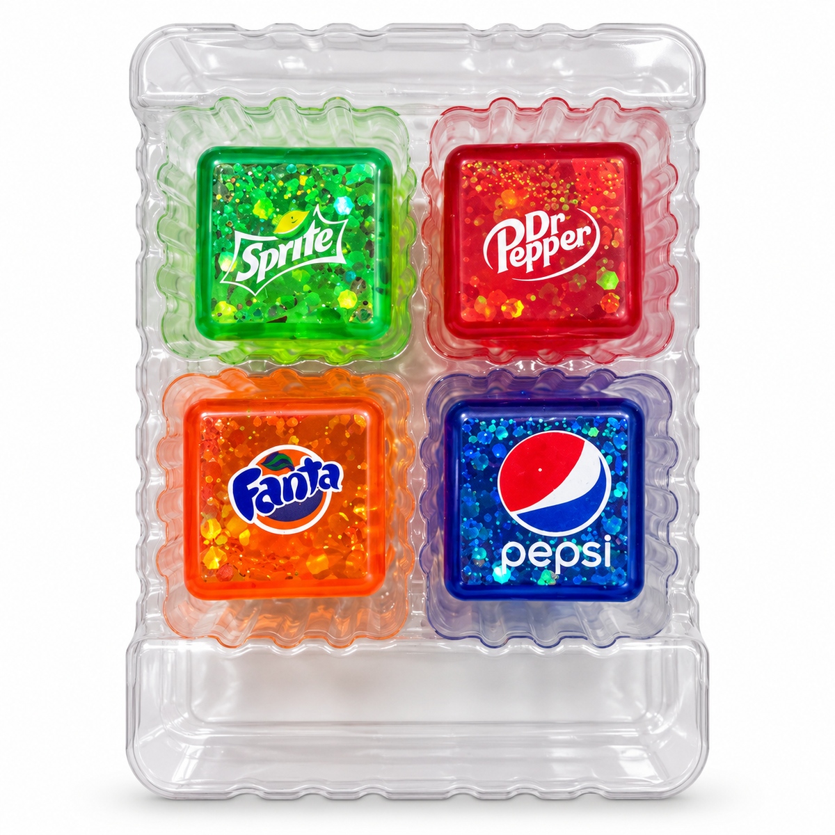 Soda Glitter Ice Cube Squishy Set of 4, Sprite, Fanta, Pepsi & Dr Pepper Fidget Cube