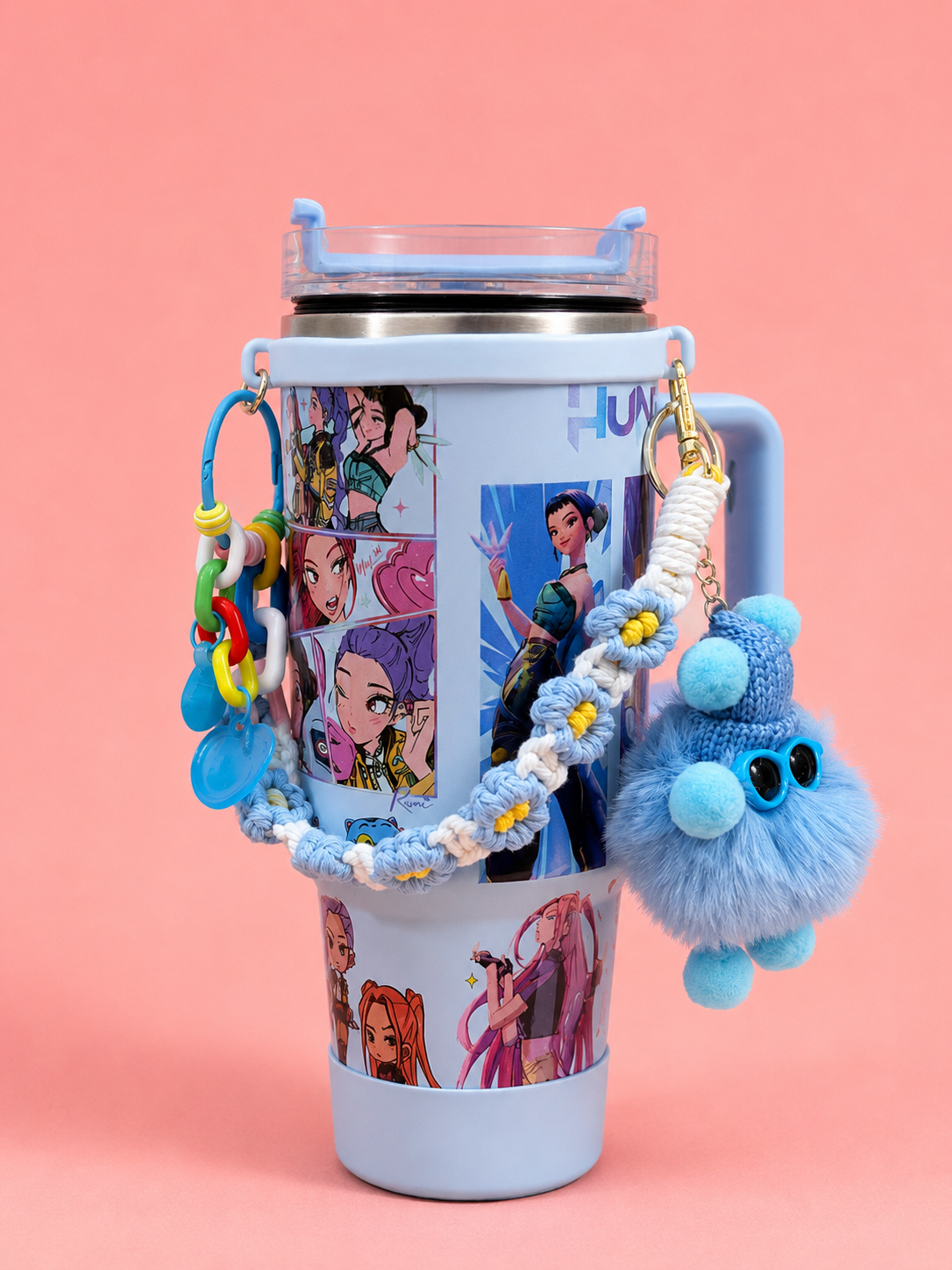 Insulated Tumbler with Handle – 40oz Purple Stainless Steel Cup with Straw, Flower Straw Topper & Decorative Bag Charms | Cute Aesthetic Water Bottle for Girls & Teens – Anime Fan Style