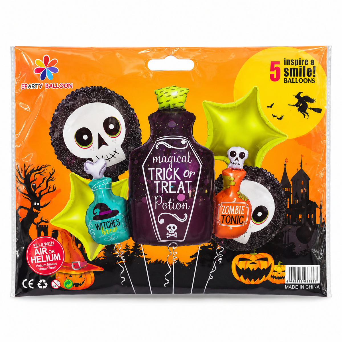 Eparty Halloween Foil Balloons Set of 5 – Trick or Treat Potion Bottle, Skull, Witches Brew & Zombie Tonic Balloons | Halloween Party Decoration, Fills with Air or Helium | Spooky Balloon Bouquet for Kids & Adults