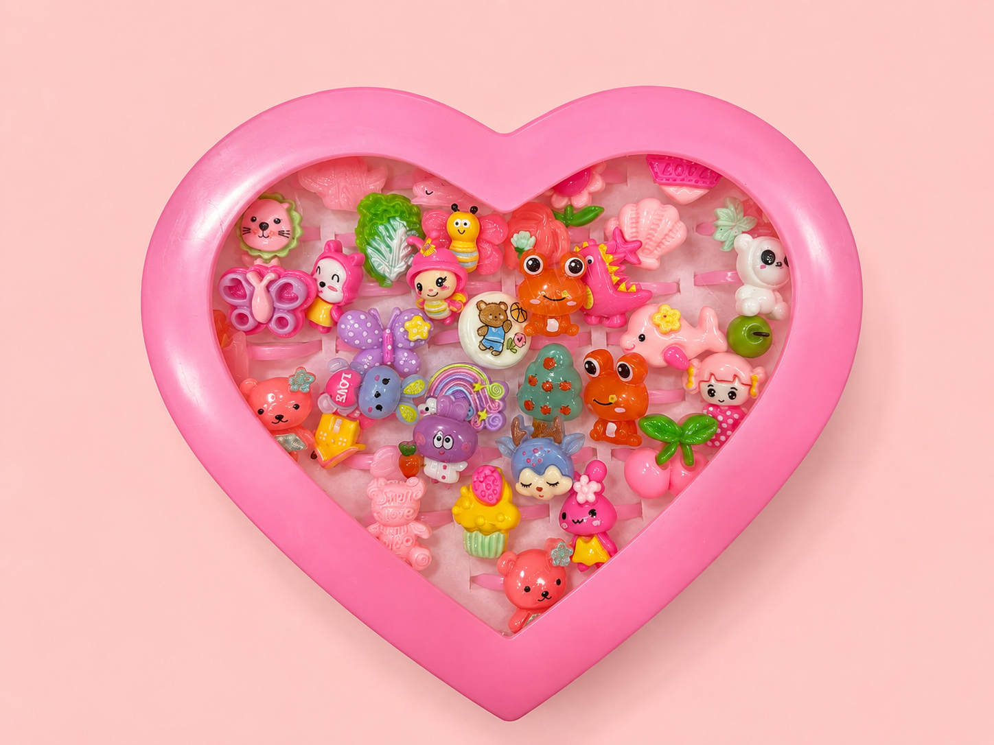 Kids Cartoon Rings Set – 36 Cute 3D Character Rings in Pink Heart Display Box | Adjustable Resin Rings for Girls | Animals, Flowers & More | Kids Jewellery Age 3+ | Birthday & Return Gift