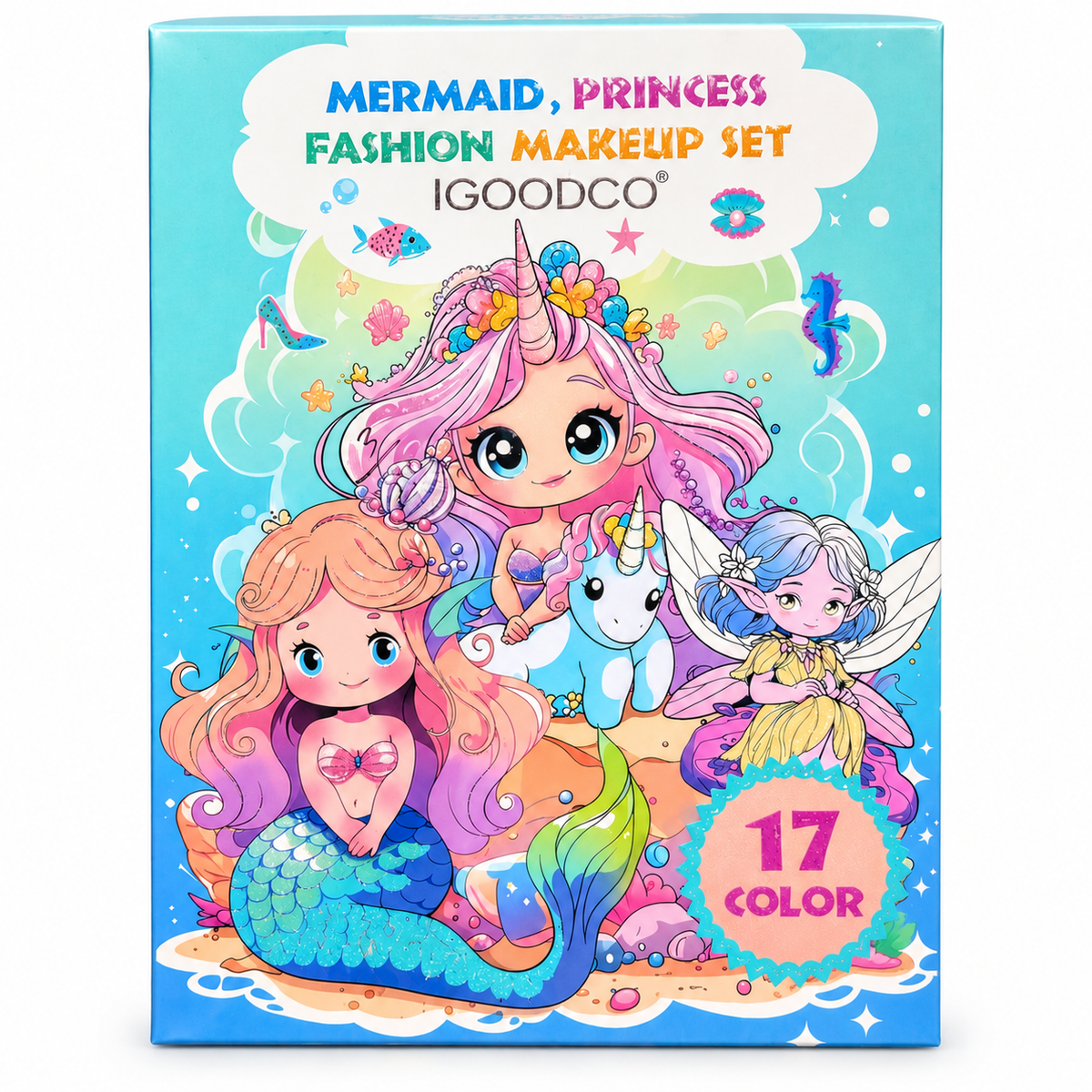 Mermaid Makeup Palette for Girls – 17 Colour Kids Makeup Set with 12 Eyeshadows, 2 Shimmer Highlighters & 3 Heart Blushes | Mermaid Princess Beauty Kit with Heart Mirror & Applicator | Gift for Girls