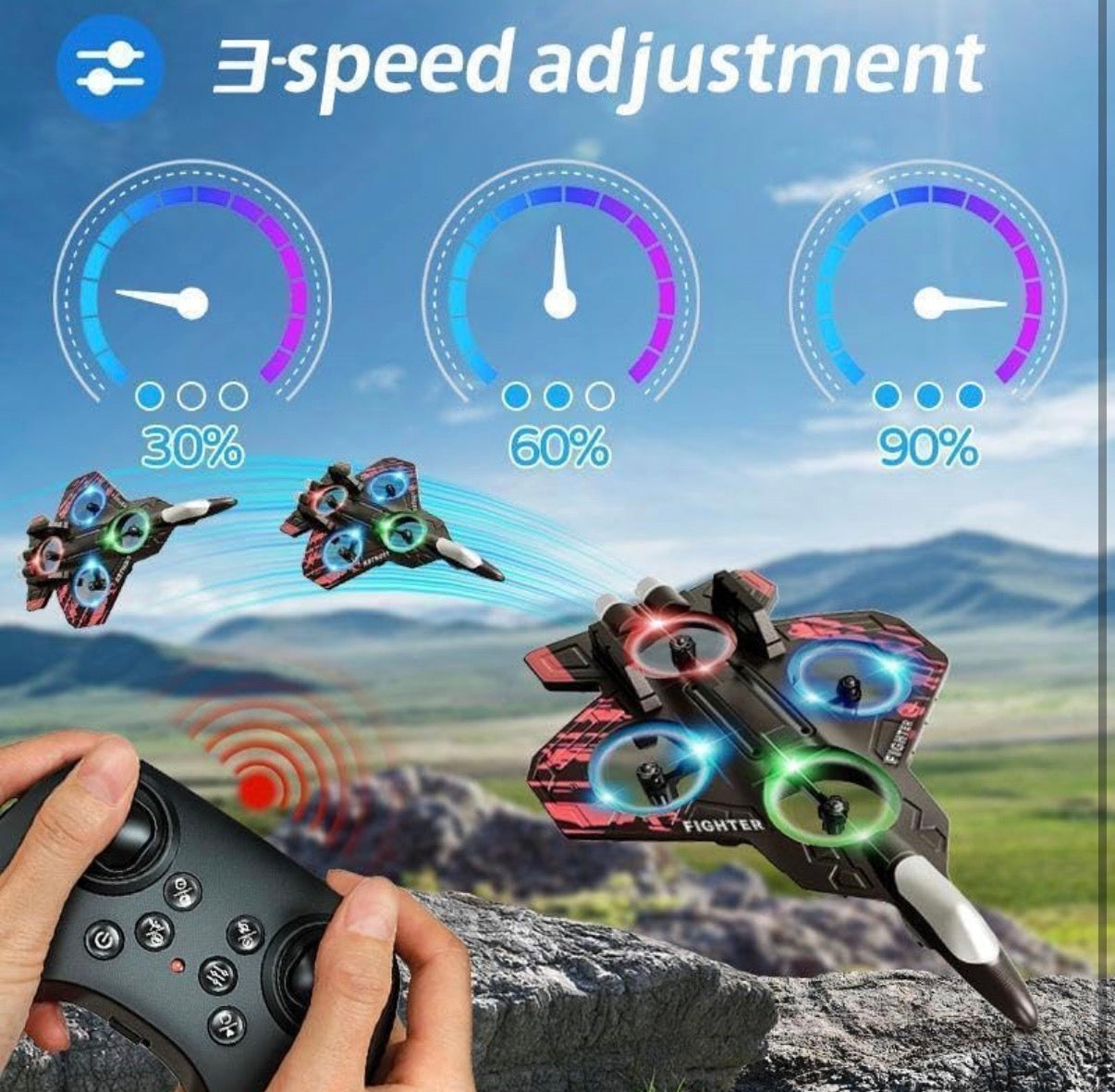 RC Fighter Jet Drone for Kids – VTOL Remote Control Airplane with 4 Propellers & Colourful LED Lights | Indoor & Outdoor Flying Toy | Easy to Fly | Boys & Girls Age 8+ | Birthday Gift