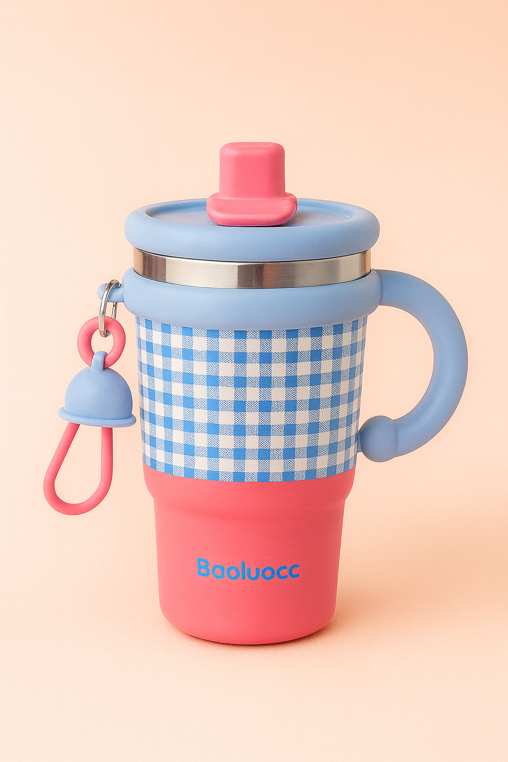 Baoluocc Kids Sipper Bottle with Handle | Cute Gingham Design, Spill-Proof Lid, Straw Spout & Bell Charm | Insulated, BPA-Free Water Bottle for School & Travel
