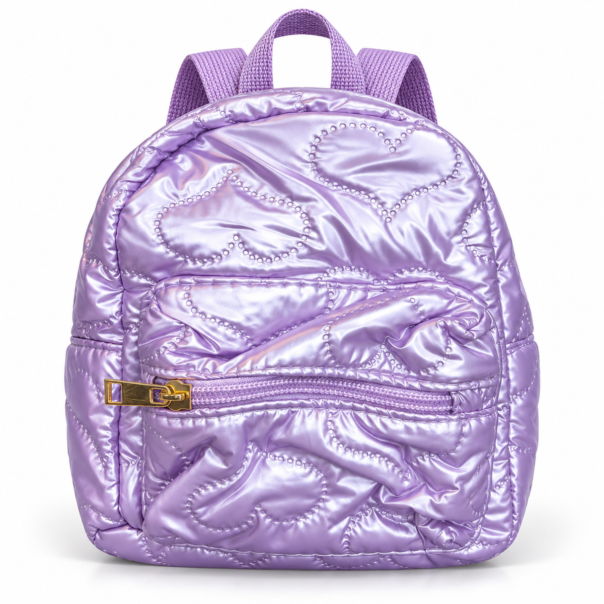 Mini Backpack for Girls, Metallic Quilted Heart Puffer Backpack, Small Kids Travel Bag with Front Zip Pocket, Cute Toddler Backpack for School, Playschool & Outings (Purple/Pink/Rose/Silver)