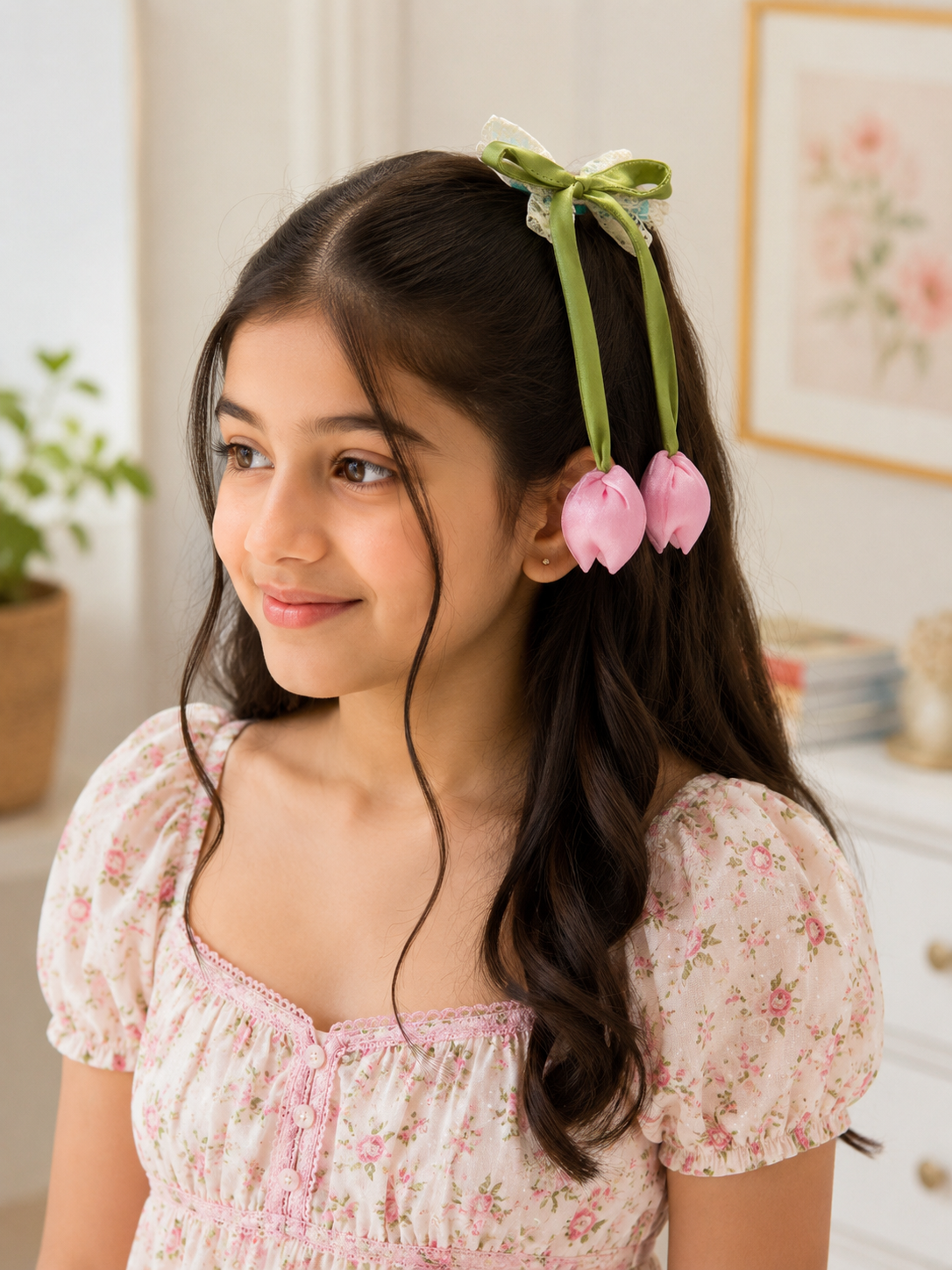 Double Tulip Hair Tie for Girls – Satin Flower Elastic Hair Band with Long Green Stem & Lace Bow | Padded Soft Interior | Pink, Purple & Blue | Kids & Teen Hair Accessories | Birthday & Festive Gift
