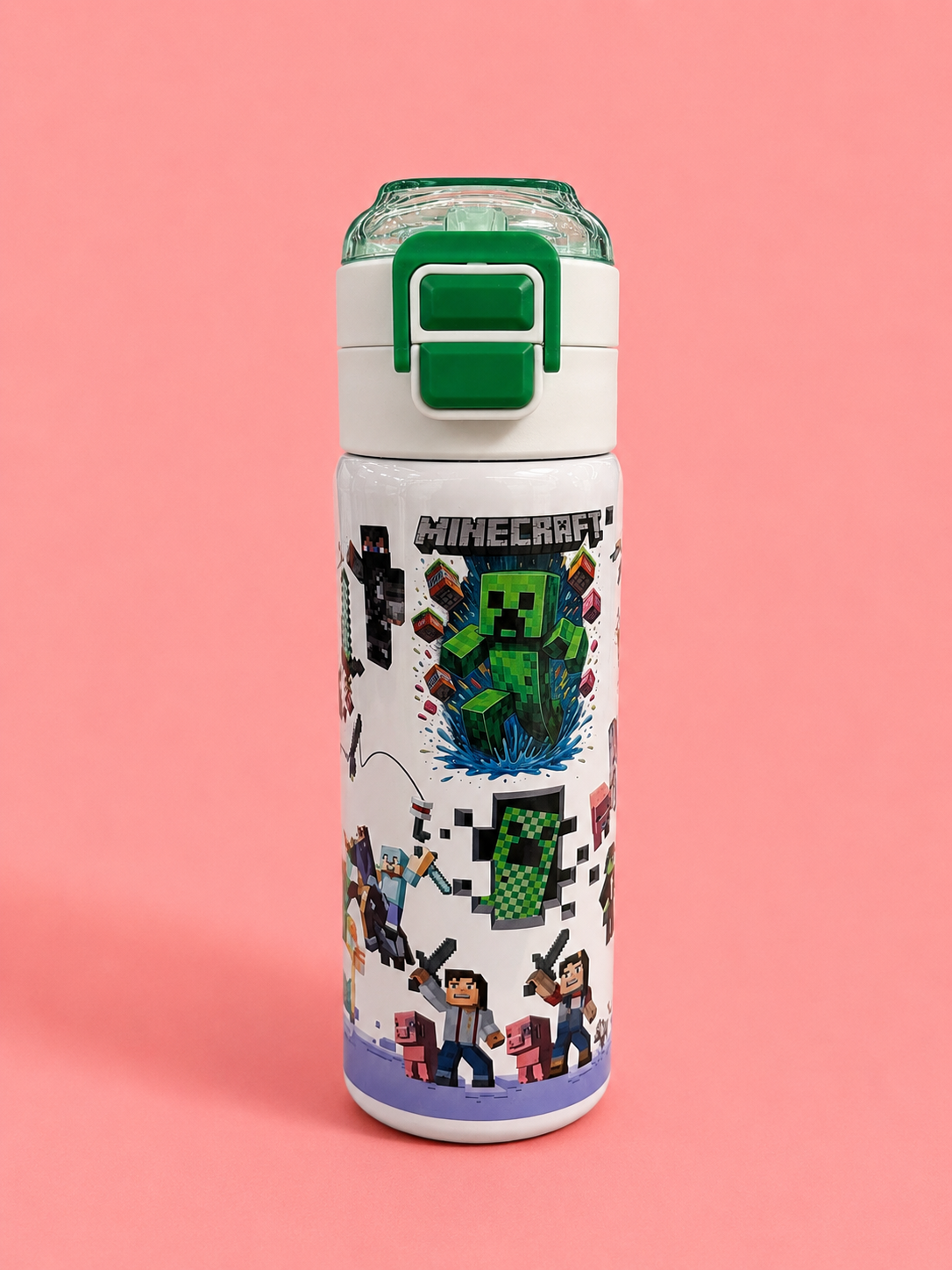 Minecraft Character Kids Water Bottle – Stainless Steel Insulated Bottle with Pop-Up Straw Lid | 4 Colour Variants | Leak-Proof School Water Bottle for Boys & Girls Age 4+ | Birthday Gift