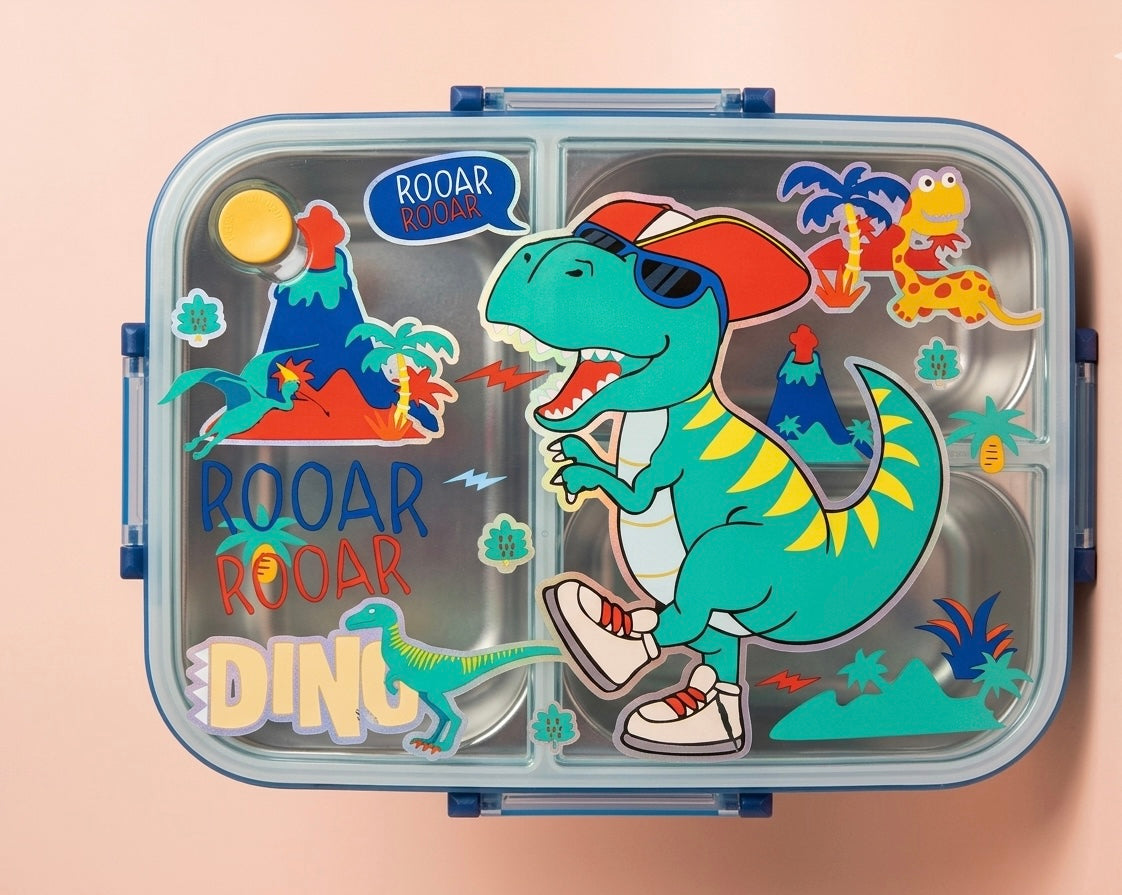 DINO Rooar Kids Stainless Steel Lunch Box – Transparent Lid with Cool T-Rex & Prehistoric Jungle Print, Multi-Section Tiffin with Leak-Proof Clips & Built-In Sauce Cup, Boys Ages 3+, Navy Blue