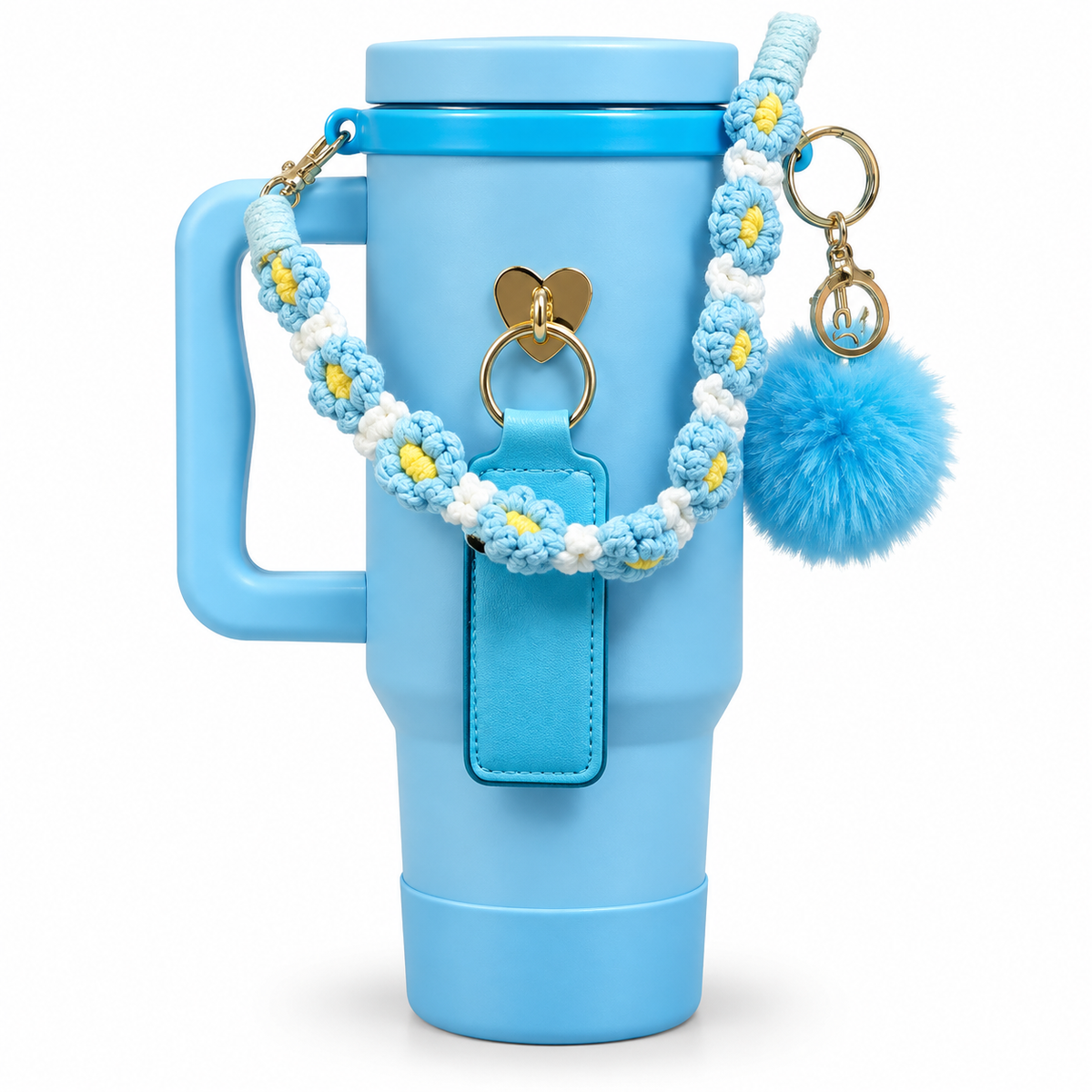 Tumbler Charm Accessories with Handle, Daisy Flower Macrame Strap, Pom Pom Charm & Heart Keychain, Cute Tumbler Decoration for 40oz Tumblers with Handle, Gift for Women & Girls (White/Blue/Pink/Black)