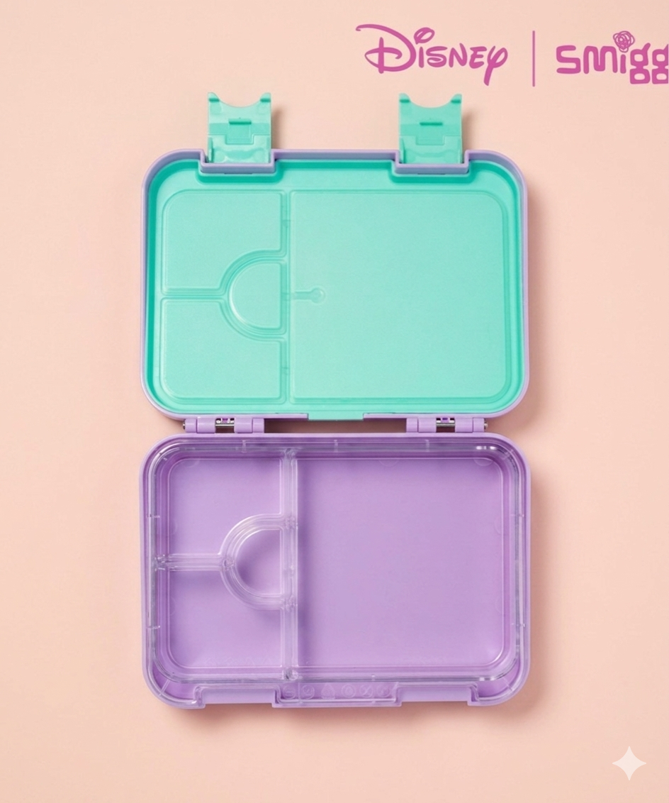 Little Mermaid Kids Hard Shell Lunch Box – Raised 3D Emboss Ariel & Underwater Kingdom Print, Multi-Section Tiffin with Secure Clip Locks, Girls Ages 3+, Lavender/Mint