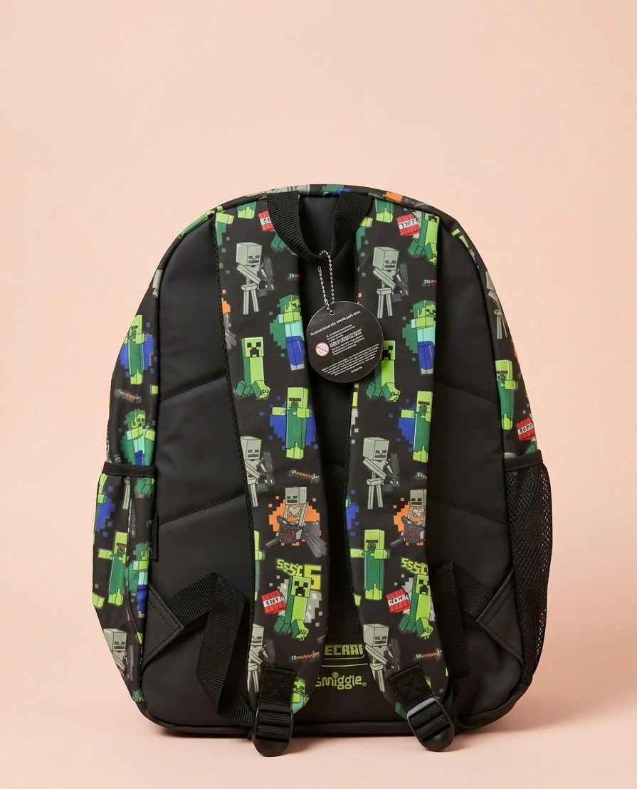 Minecraft Smiggle Kids School Backpack – Creeper Face Front Pocket, Diamond Sword & TNT Zipper Charms, Pixel All-Over Print & Rubber Logo Badge, Multi-Compartment Bag for Boys Ages 5+, Black/Creeper Green