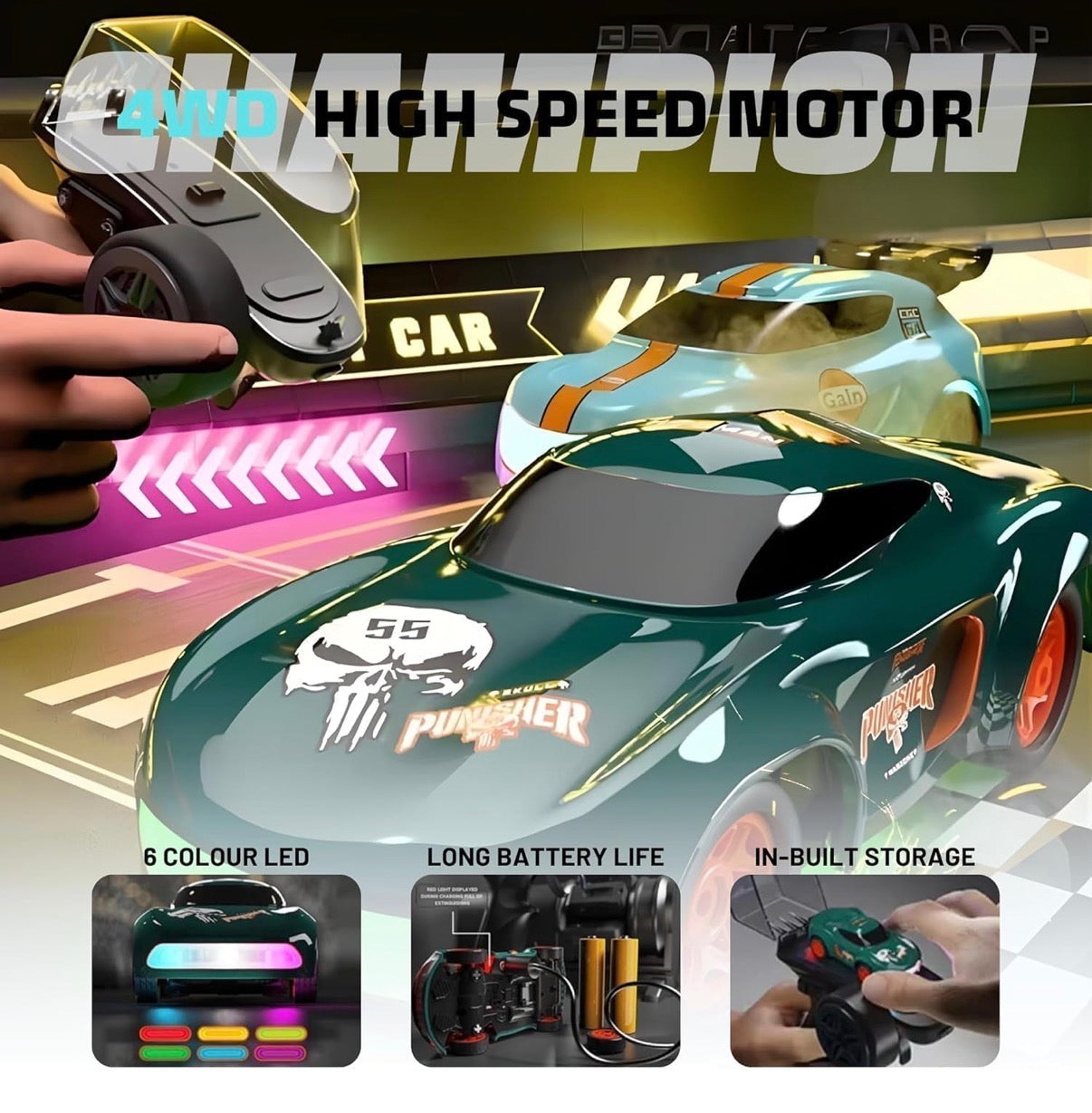 Mini RC Drift Car with Garage Remote Controller – 2.4GHz 4WD High Speed Racing Car | 6 Colour LED Lights | Steering Wheel Remote with Car Storage | 2-Speed Drift Car Toy for Boys Age 6+ | Birthday Gift