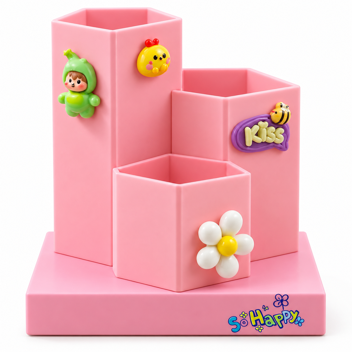 Cute Pencil Stand for Kids – 3-Compartment Hexagon Pen Holder with 3D Cartoon Charms, Desk Organizer for Pens, Pencils, Markers & Stationery – Ideal for School, Study Table & Kids' Room