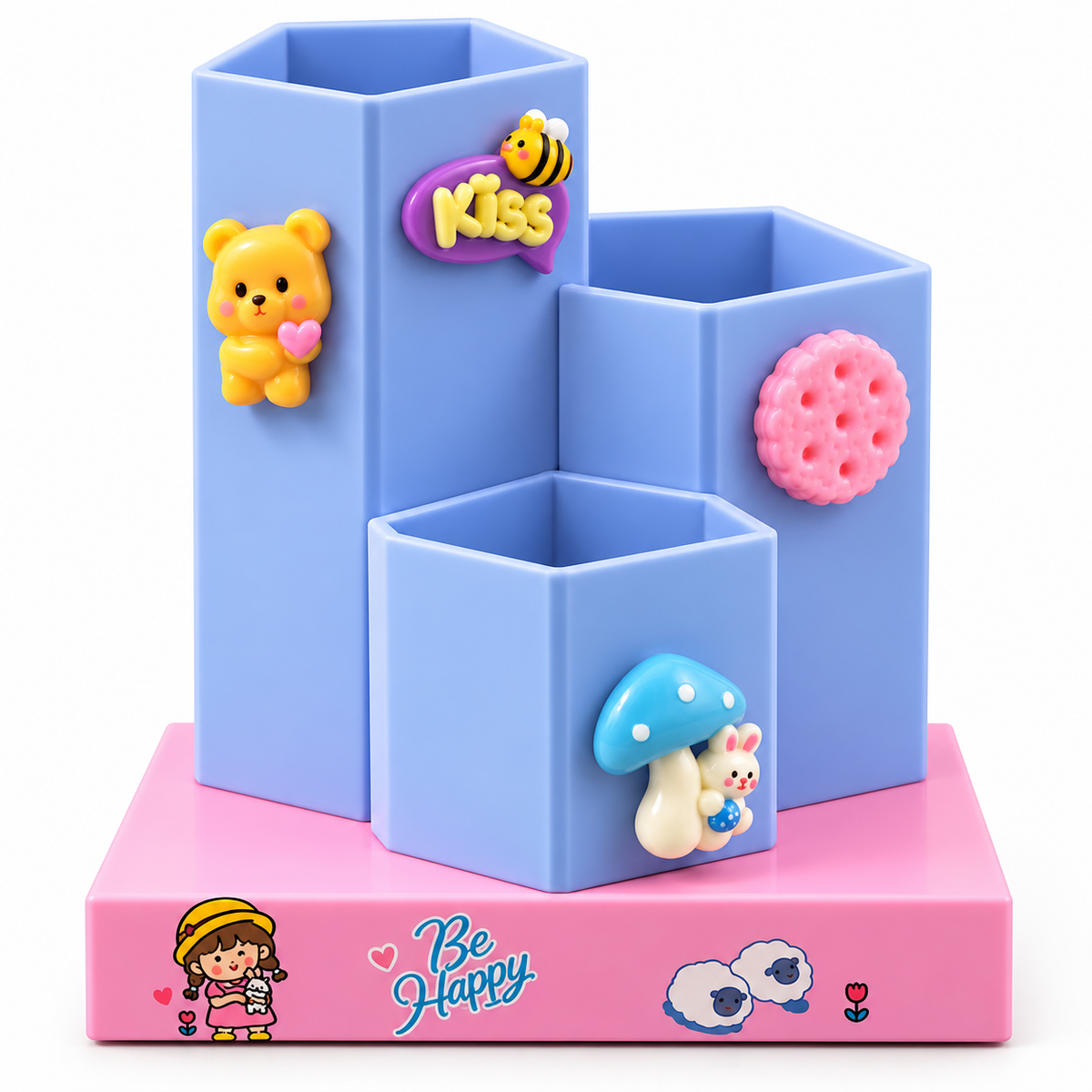 Cute Pencil Stand for Kids – 3-Compartment Hexagon Pen Holder with 3D Cartoon Charms, Desk Organizer for Pens, Pencils, Markers & Stationery – Ideal for School, Study Table & Kids' Room