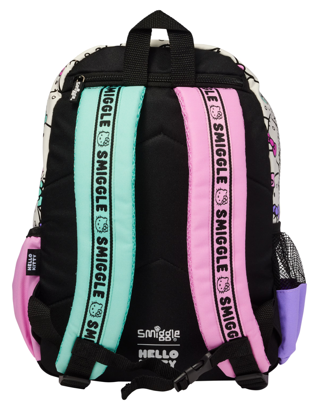 Hello Kitty Smiggle Kids School Backpack – Giant Winking Face Front Pocket, 3D Glitter Bow, Rainbow Bow All-Over Print & Pastel Side Panels, Girls Ages 3+, Cream/Pink/Lavender
