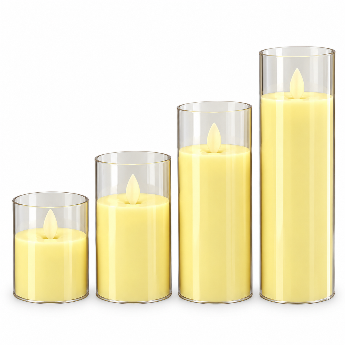 LED Pillar Candles Set of 4 in Amber or Clear Holders, Flameless Battery Candles in 4 Heights